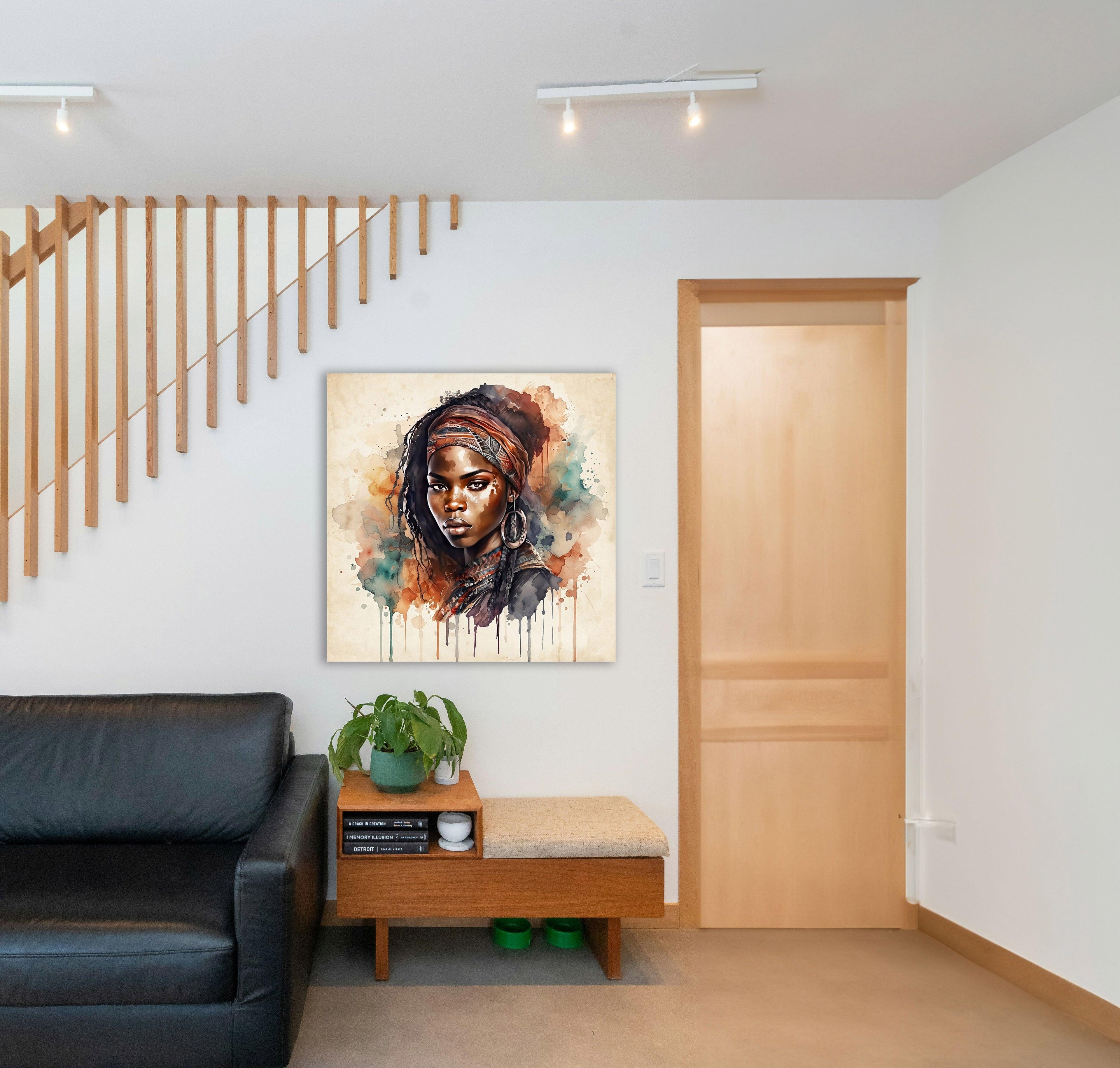 Afrikanerin Nr. 8 – Portrait mit Stirnband und Creolen Aquarell Kunstdruck auf Leinwand