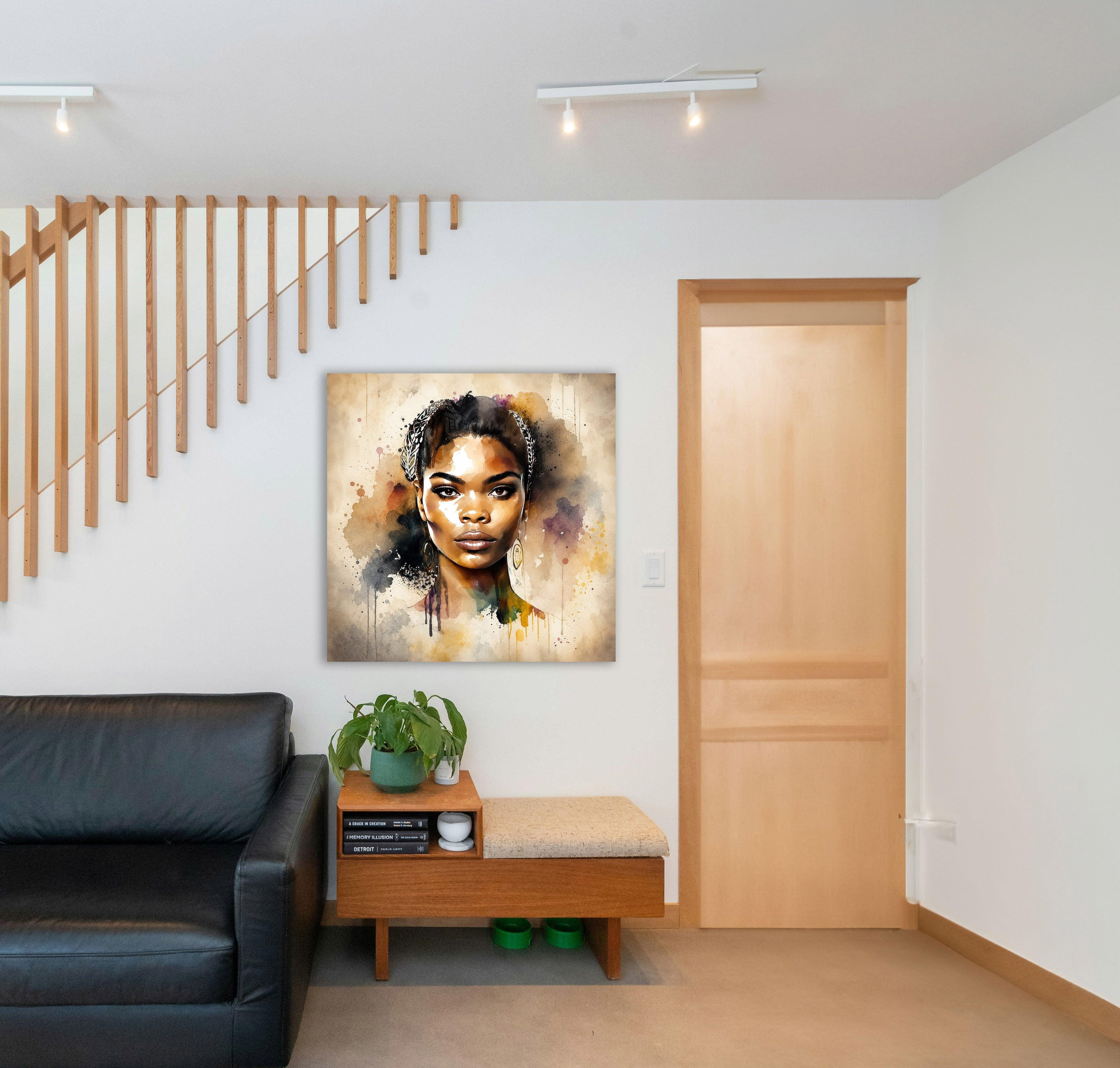 Afrikanerin Nr. 1 – Portrait mit Haarschmuck Aquarell Kunstdruck auf Leinwand