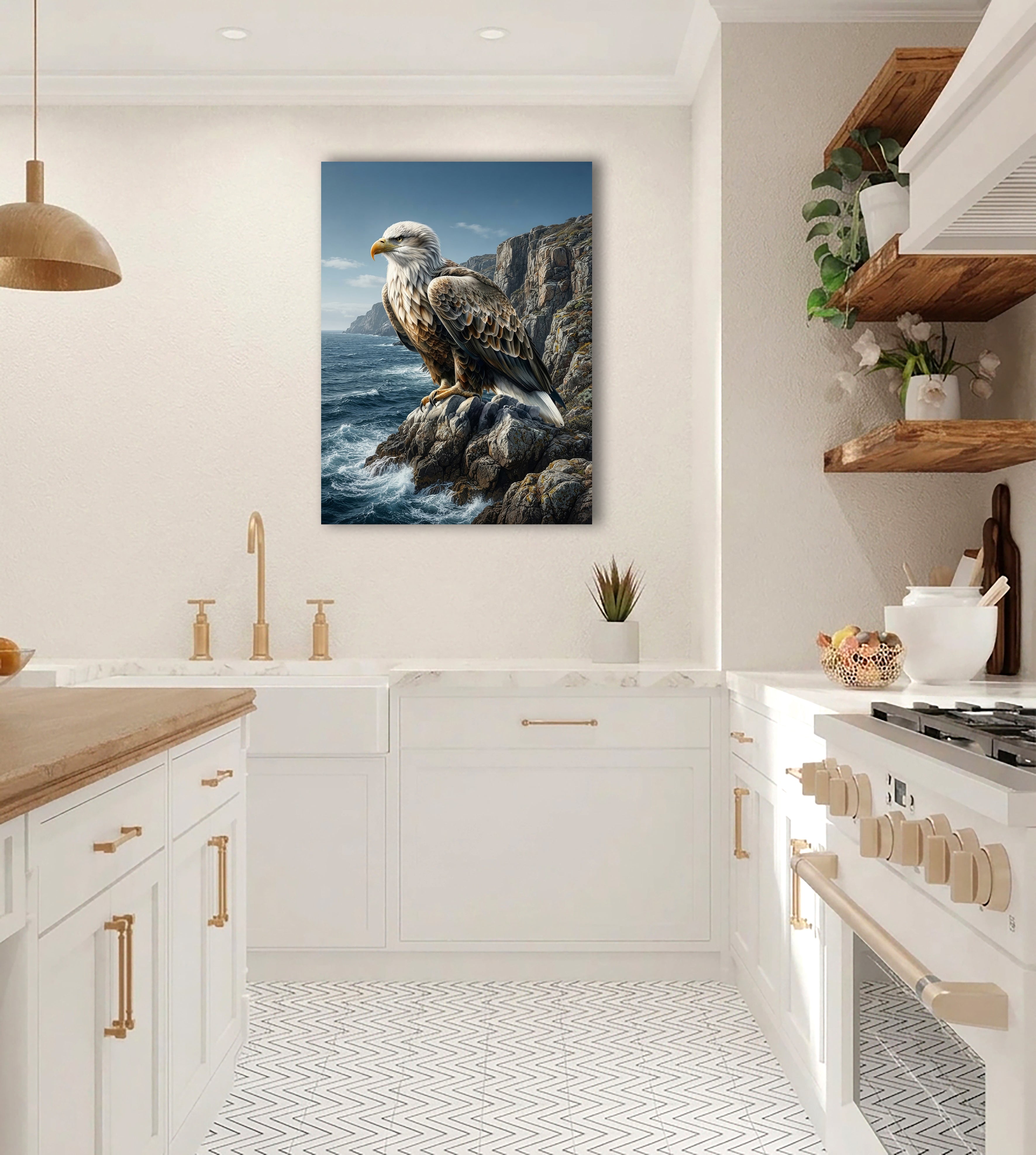 Wandbild Adler Sitzend Steilküste Klippen Meer Illustrationsstil Kunstdruck auf Leinwand