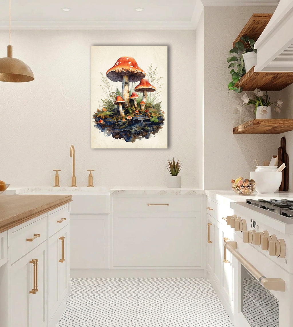 Wandbild Waldpilz Aquarell Fliegenpilze Gruppe Gräser Farne Beige Kunstdruck auf Leinwand
