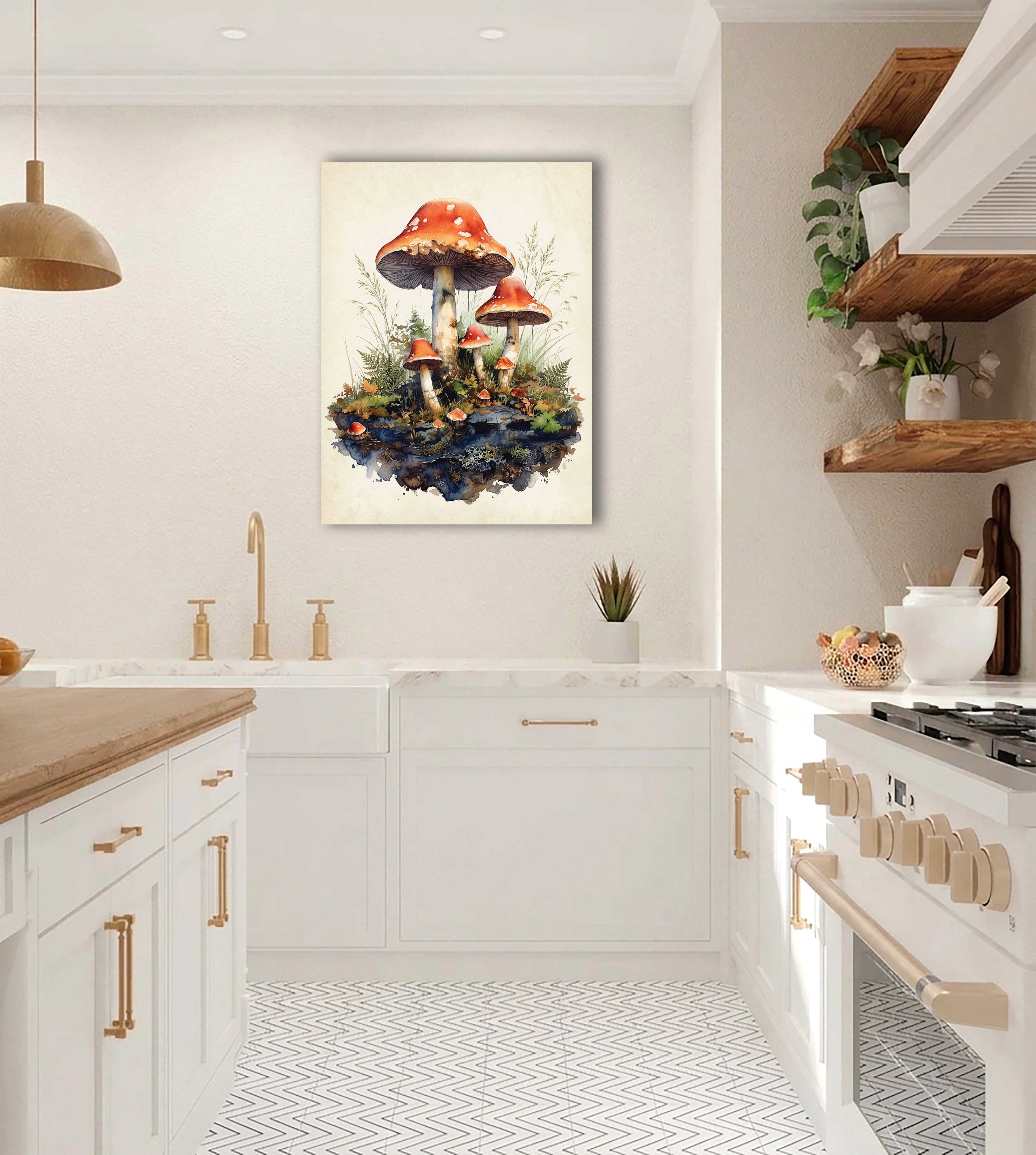Wandbild Waldpilz Aquarell Fliegenpilze Gruppe Gräser Farne Beige Kunstdruck auf Leinwand