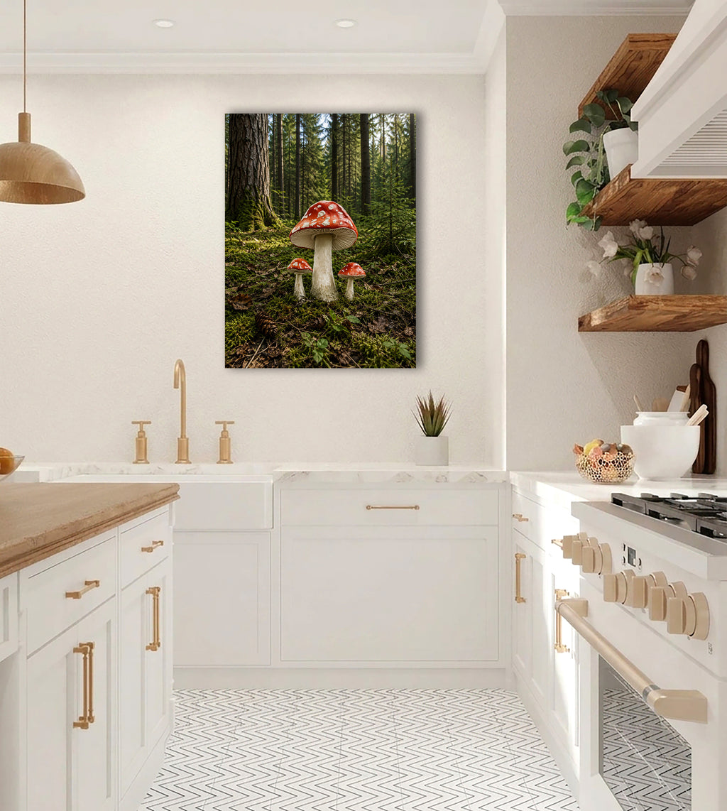 Wandbild Waldpilz Drei Fliegenpilze Moosiger Waldboden Nadelwald Kunstdruck auf Leinwand