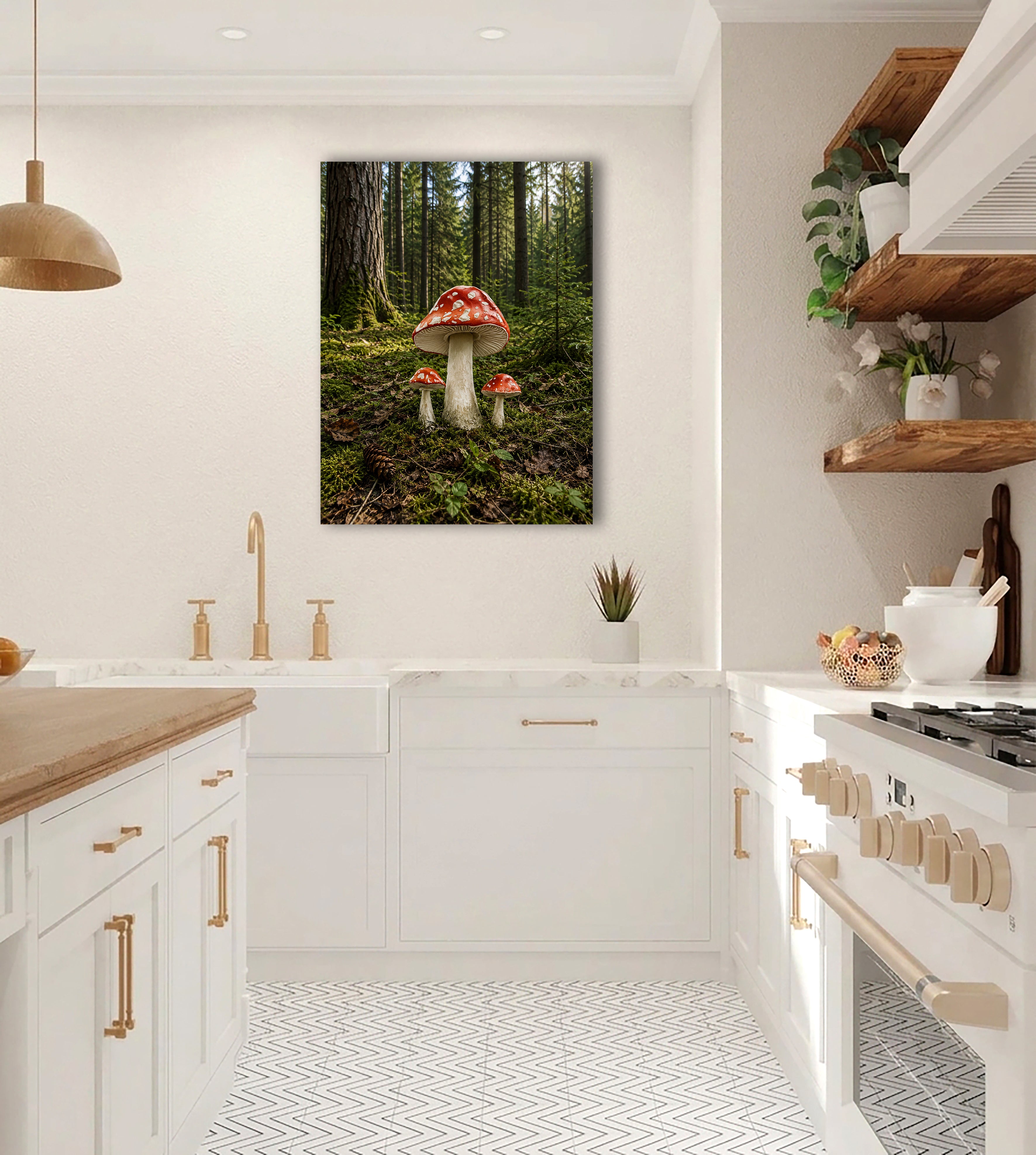 Wandbild Waldpilz Drei Fliegenpilze Moosiger Waldboden Nadelwald Kunstdruck auf Leinwand