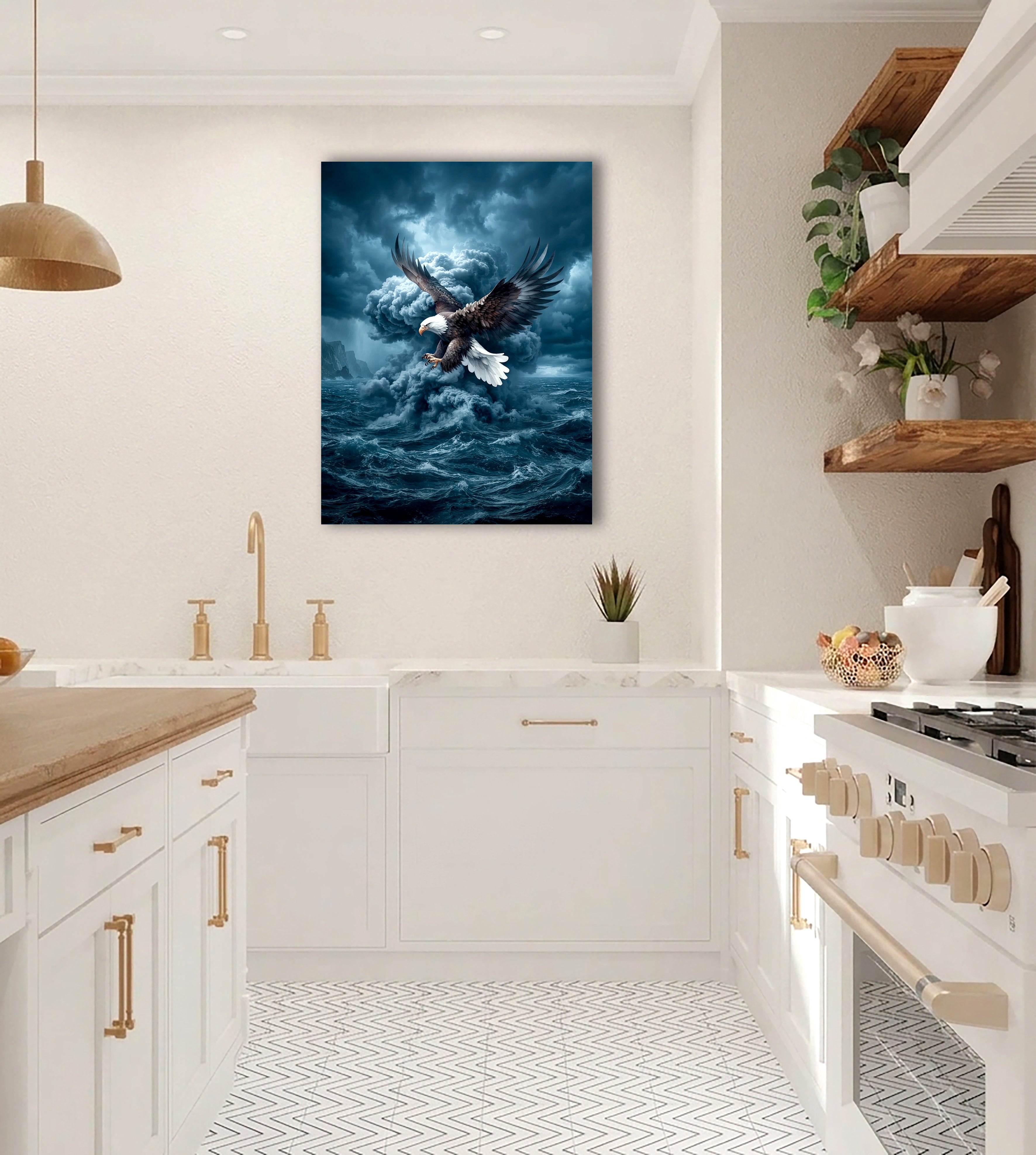 Wandbild Adler Seitenflug Sturmwolke Hochsee Brandung Blaue Stimmung Kunstdruck auf Leinwand