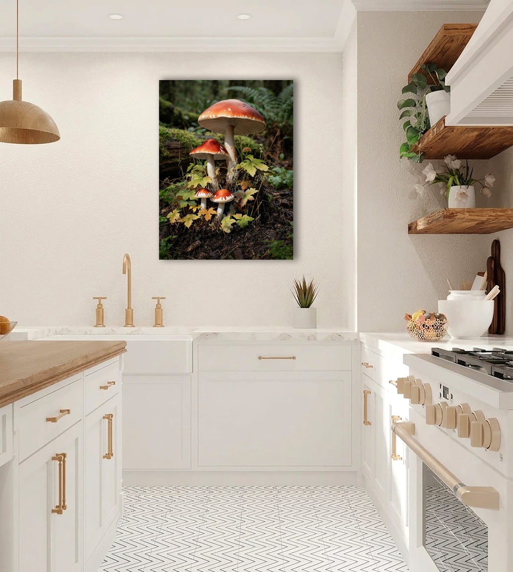 Wandbild Waldpilz Vier Pilze Herbstlaub Farne Waldboden Kunstdruck auf Leinwand