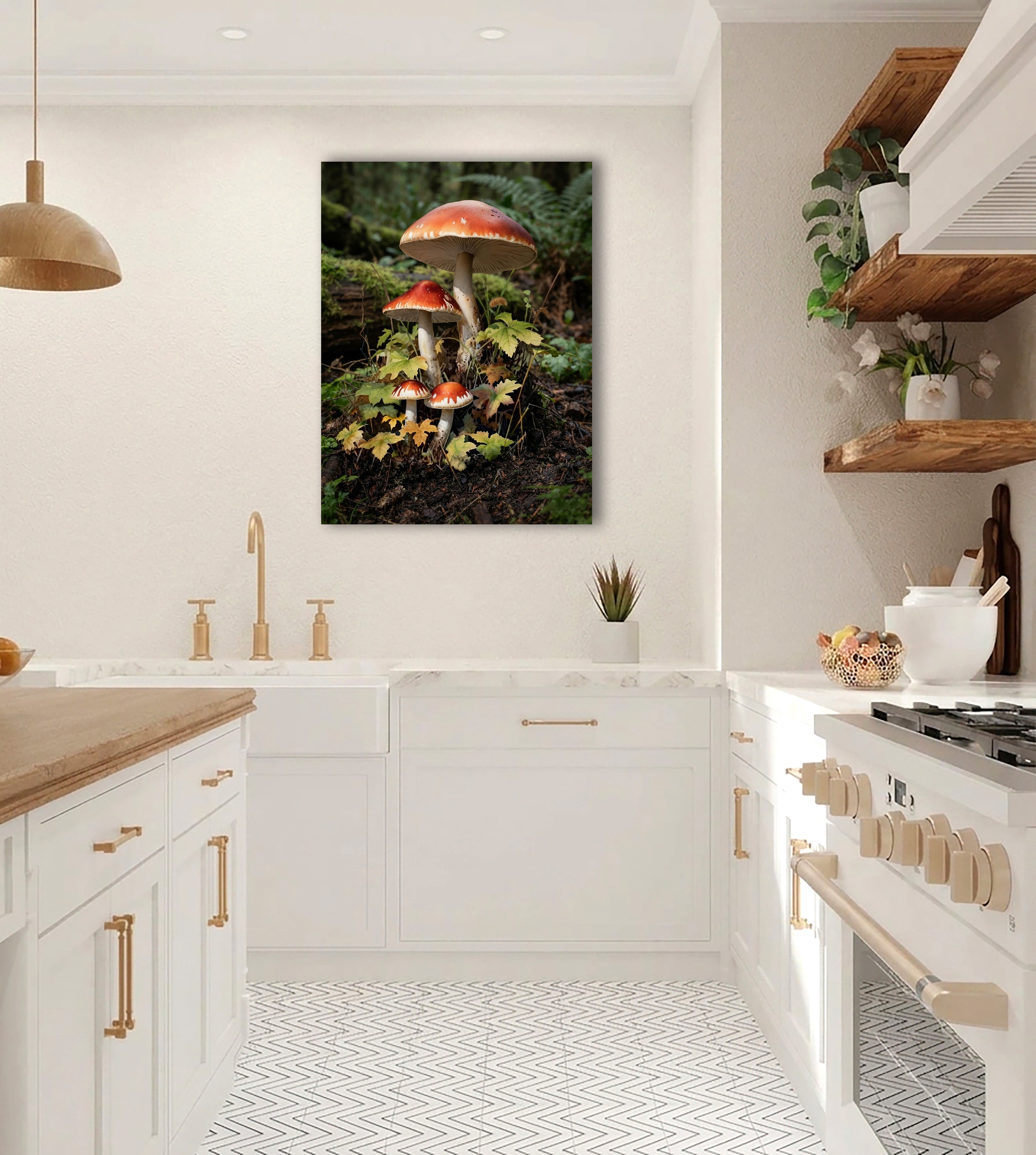 Wandbild Waldpilz Vier Pilze Herbstlaub Farne Waldboden Kunstdruck auf Leinwand