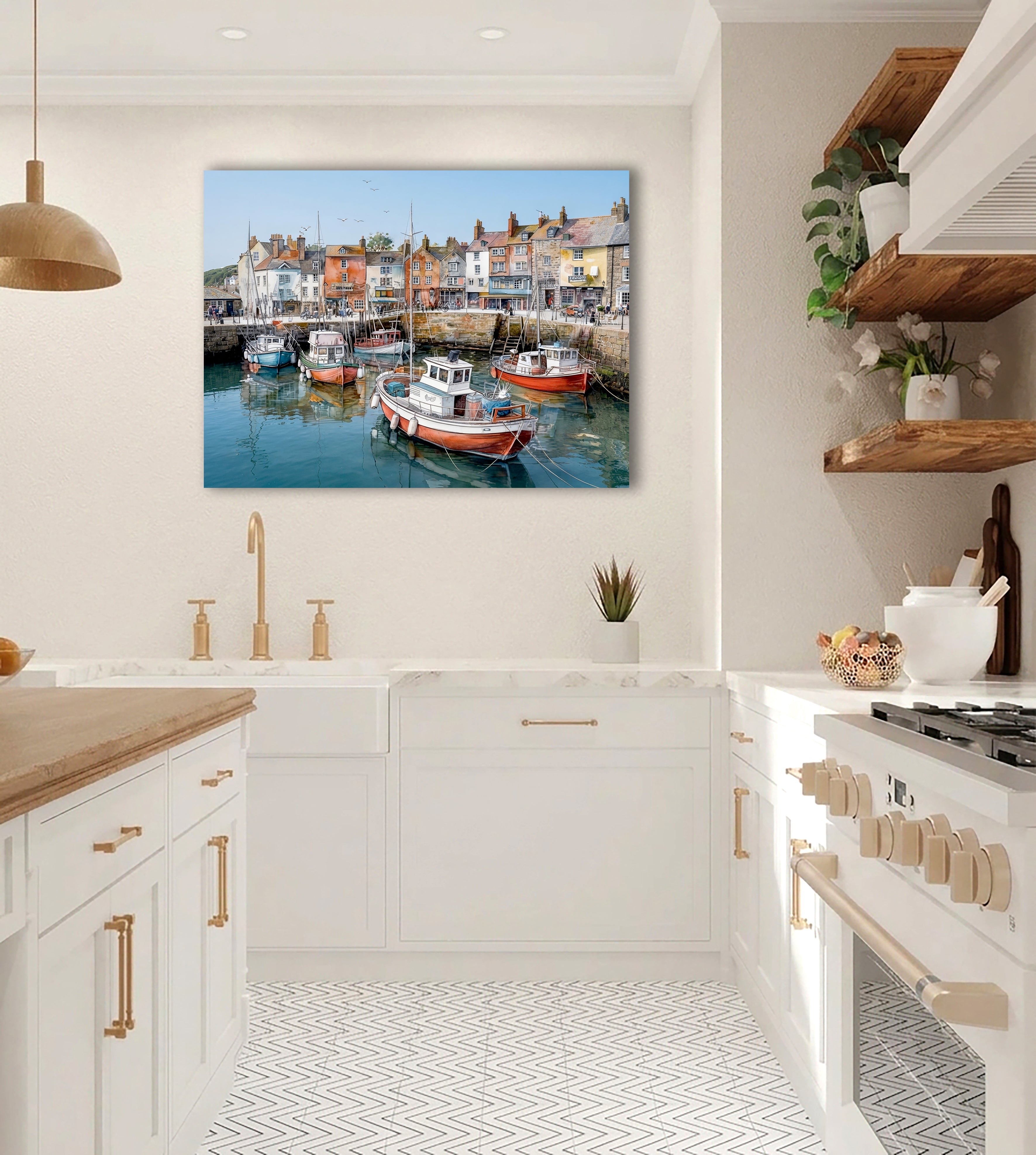 Wandbild Fischerboot Hafen Oranges Hochhaus Fünf Boote Segelmasten Fahrräder Kai Kunstdruck auf Leinwand