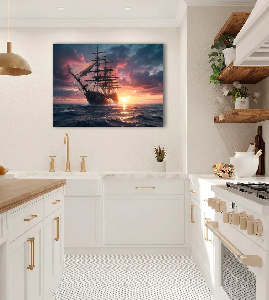 Wandbild Segelschiff Antik Vollschiff Sonnenuntergang Gegenlicht Dramatische Wolken Kunstdruck auf Leinwand