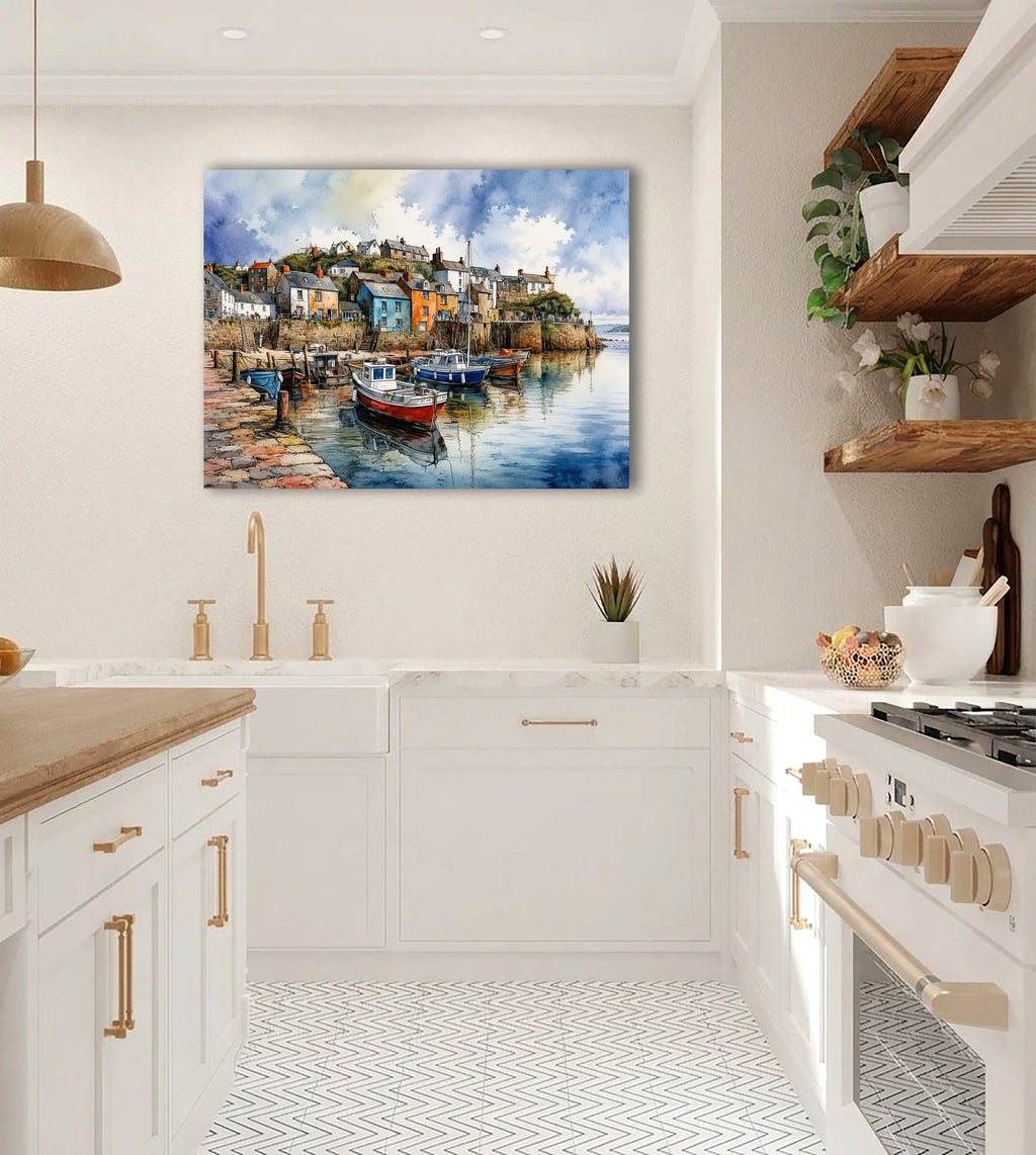 Wandbild Fischerboot Hafen Aquarell Bunte Häuser Kopfsteinpflaster Kunstdruck auf Leinwand
