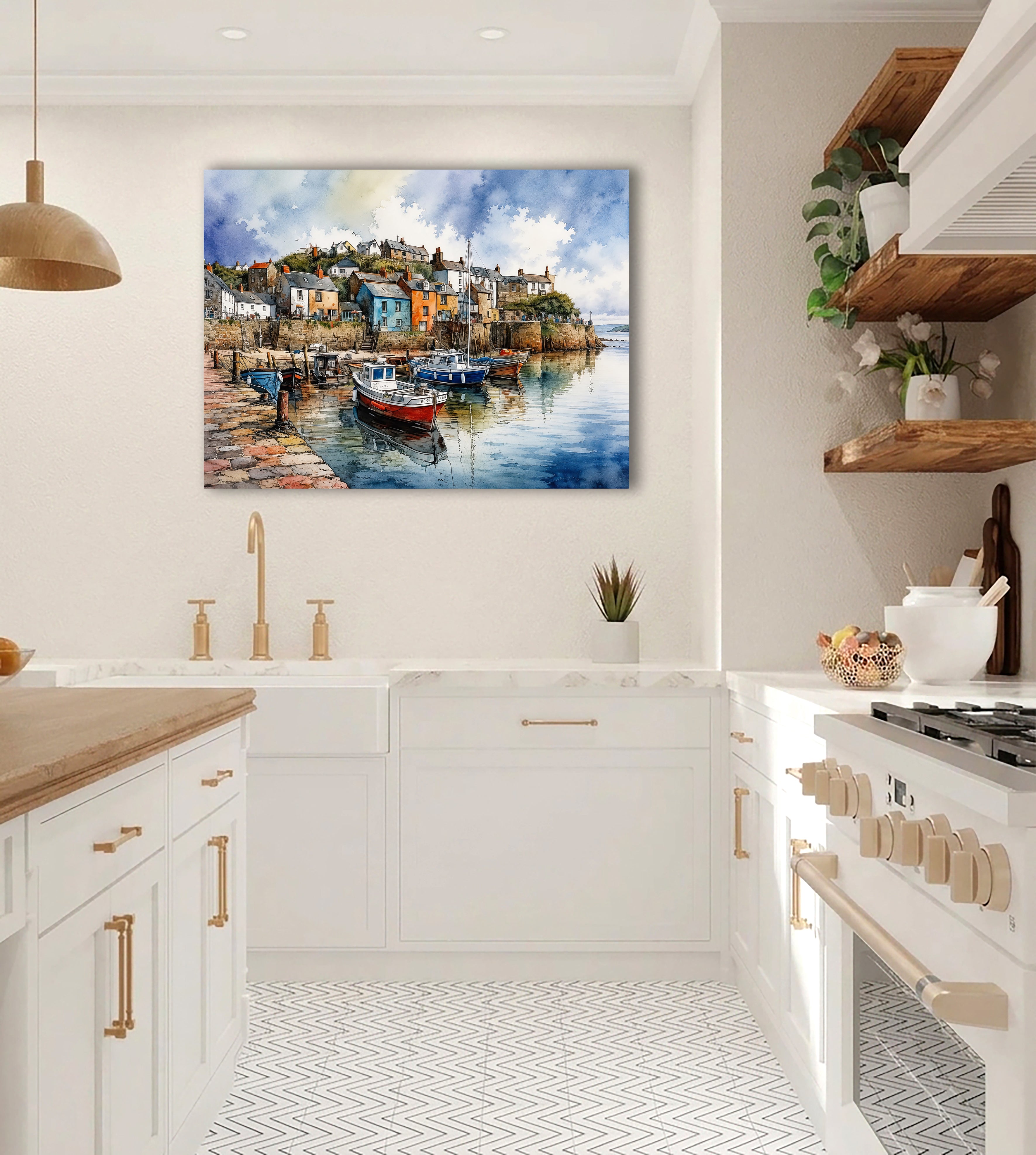 Wandbild Fischerboot Hafen Aquarell Bunte Häuser Kopfsteinpflaster Kunstdruck auf Leinwand