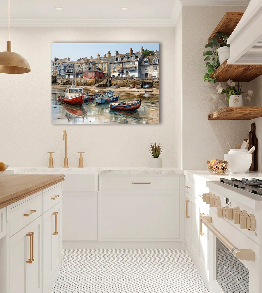 Wandbild Fischerboot Hafen Aquarell Ebbe Rotes Backsteinhaus Steintreppe Sandgrund Kunstdruck auf Leinwand