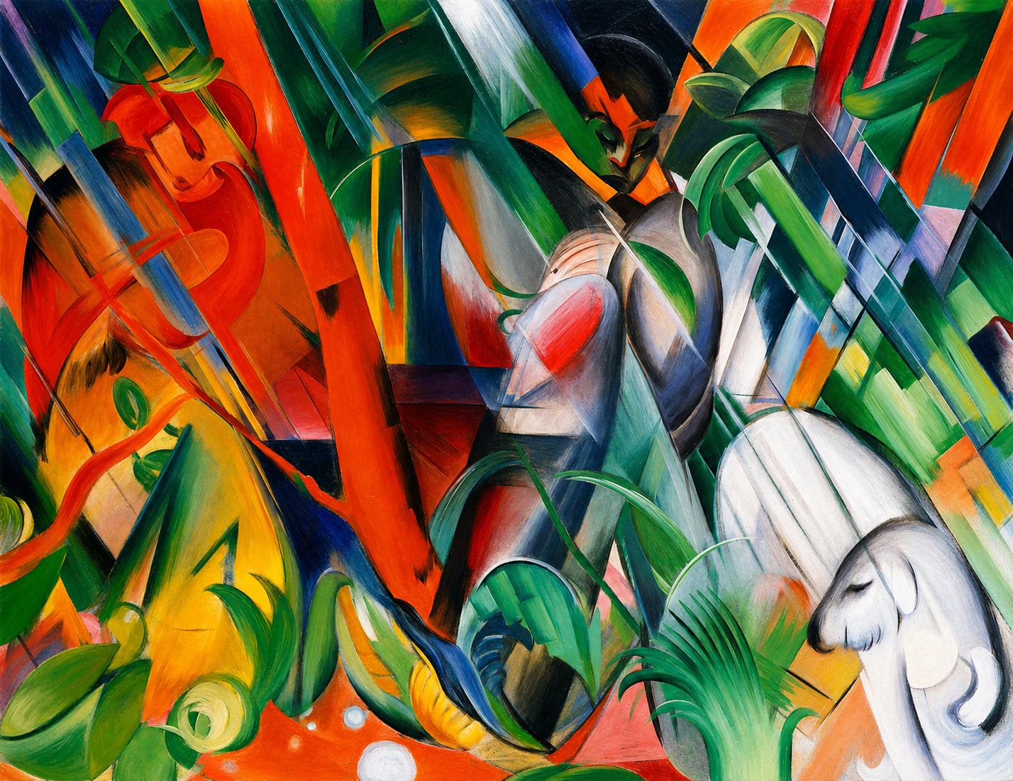Wandbild Franz Marc Rinder Nr. 6 – Kunstdruck auf Leinwand, kubistisch-expressionistischer Stil in Blau, Rot, Grün und Gelb