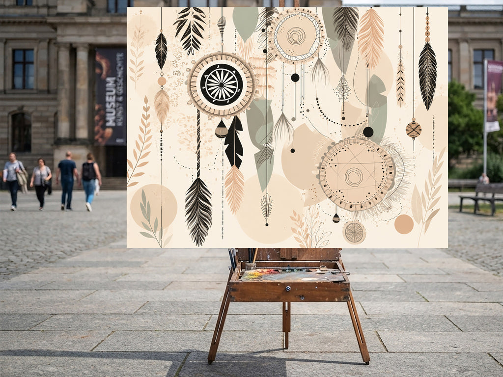 Wandbild Boho Art Traumfänger Federn Perlen Beige Schwarz Aquarell Illustrationsstil Kunstdruck auf Leinwand