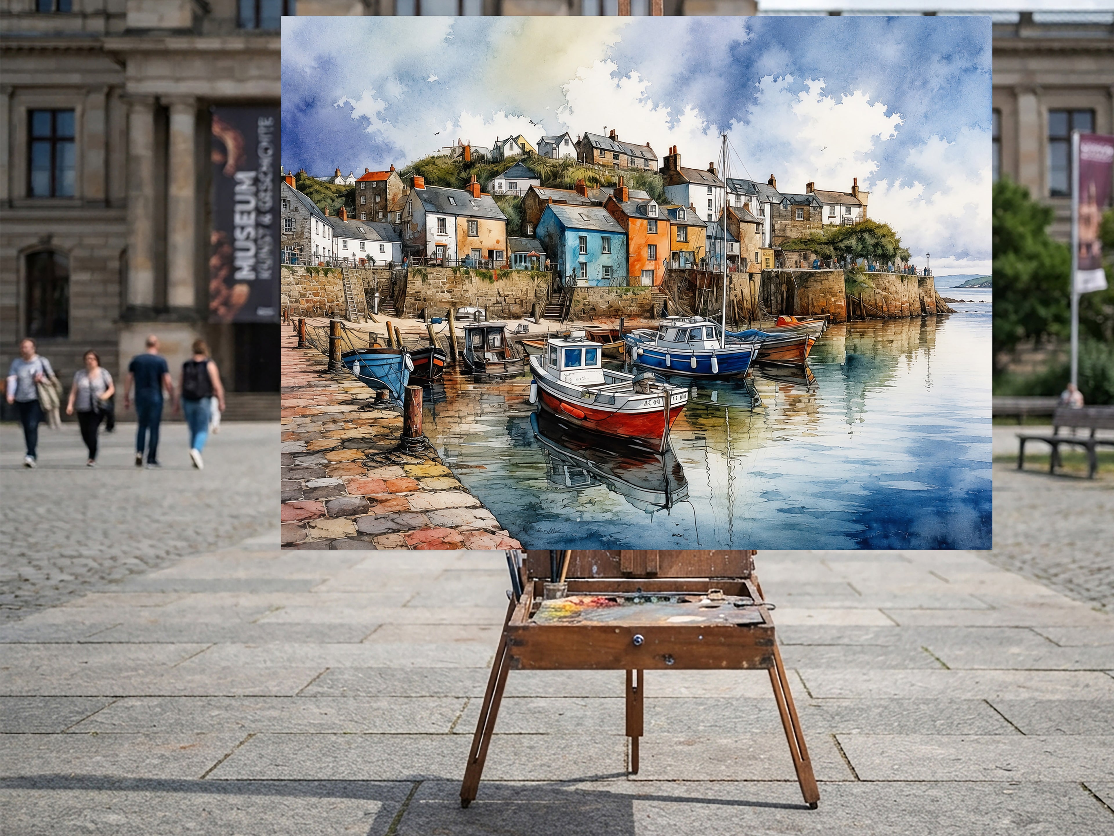 Wandbild Fischerboot Hafen Aquarell Bunte Häuser Kopfsteinpflaster Kunstdruck auf Leinwand