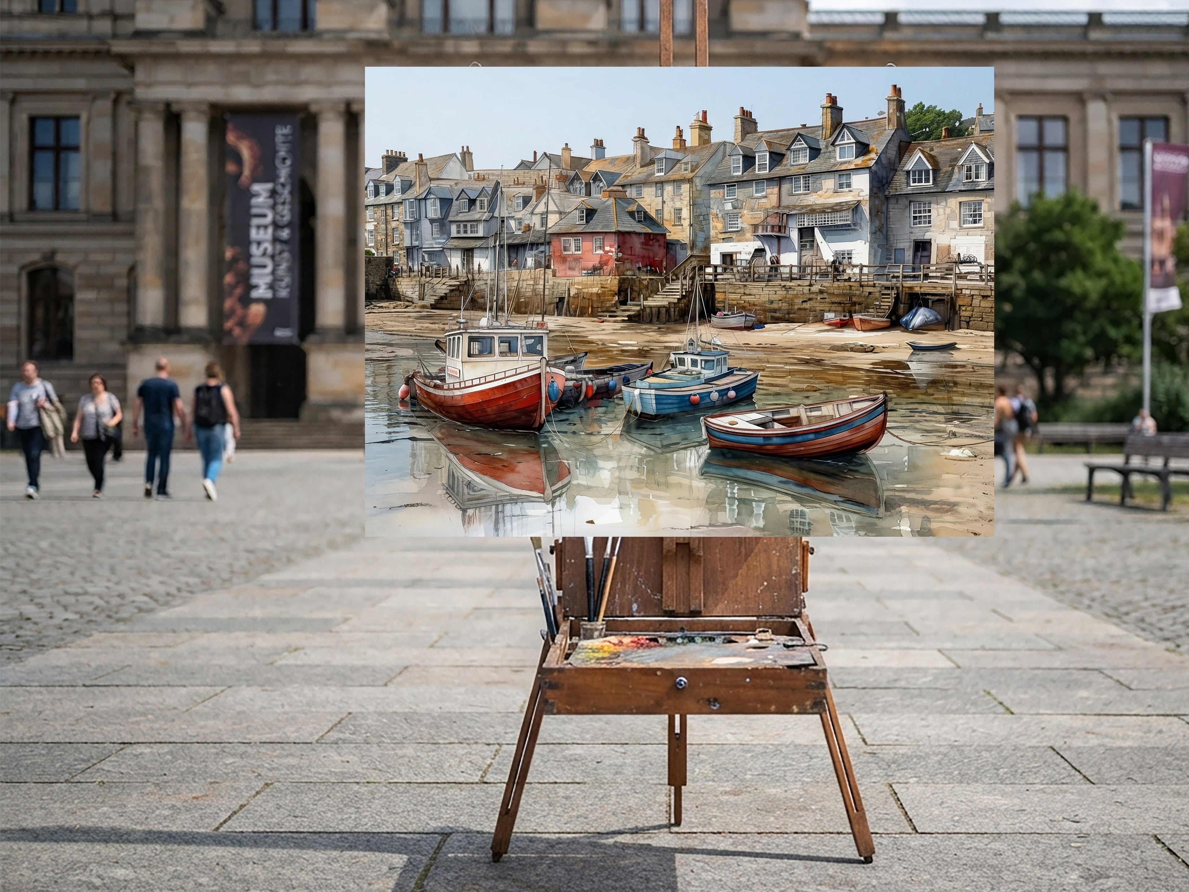Wandbild Fischerboot Hafen Aquarell Ebbe Rotes Backsteinhaus Steintreppe Sandgrund Kunstdruck auf Leinwand