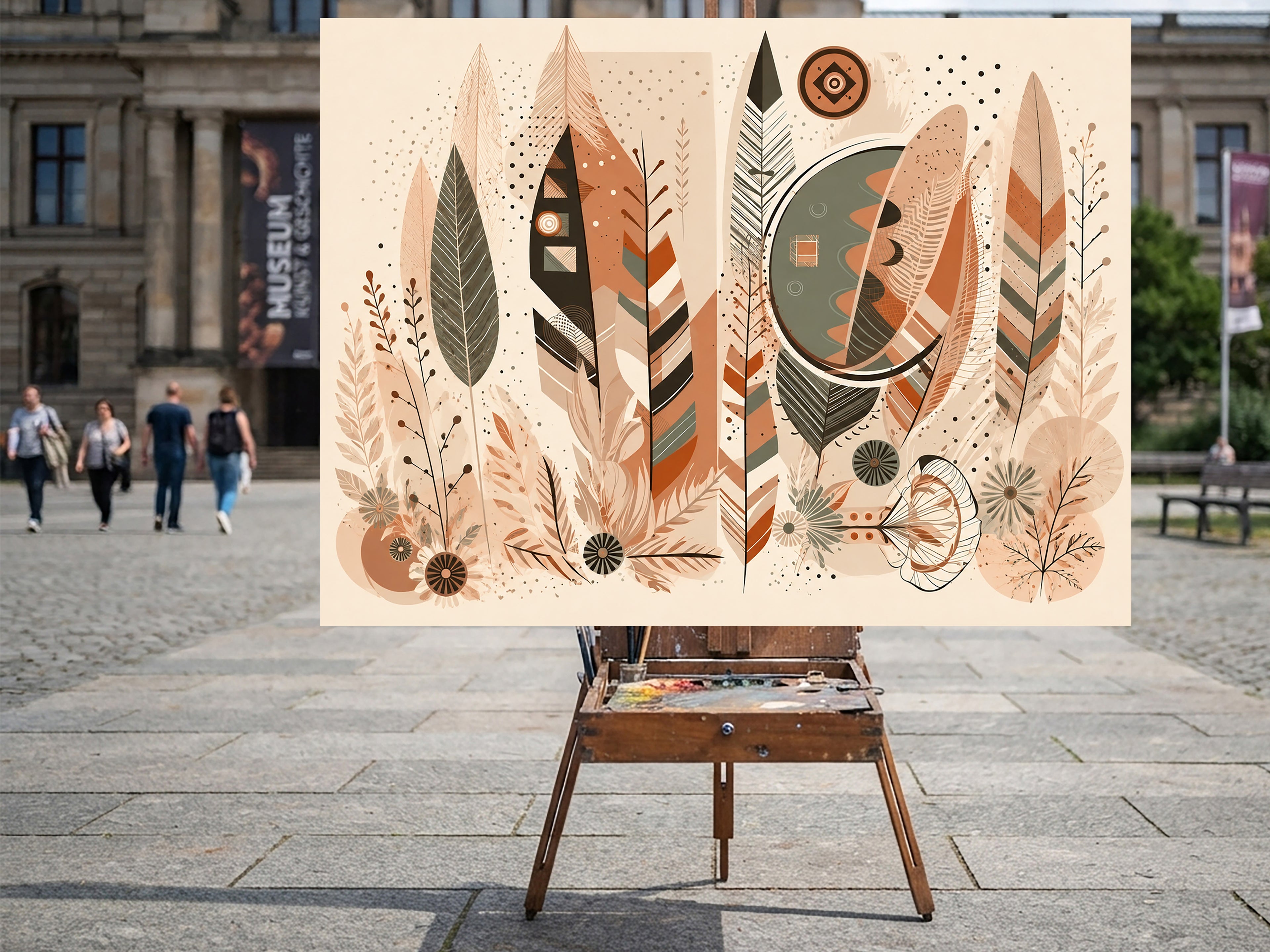 Wandbild Boho Art Federn Geometrisch Mond Terrakotta Grau Illustrationsstil Kunstdruck auf Leinwand