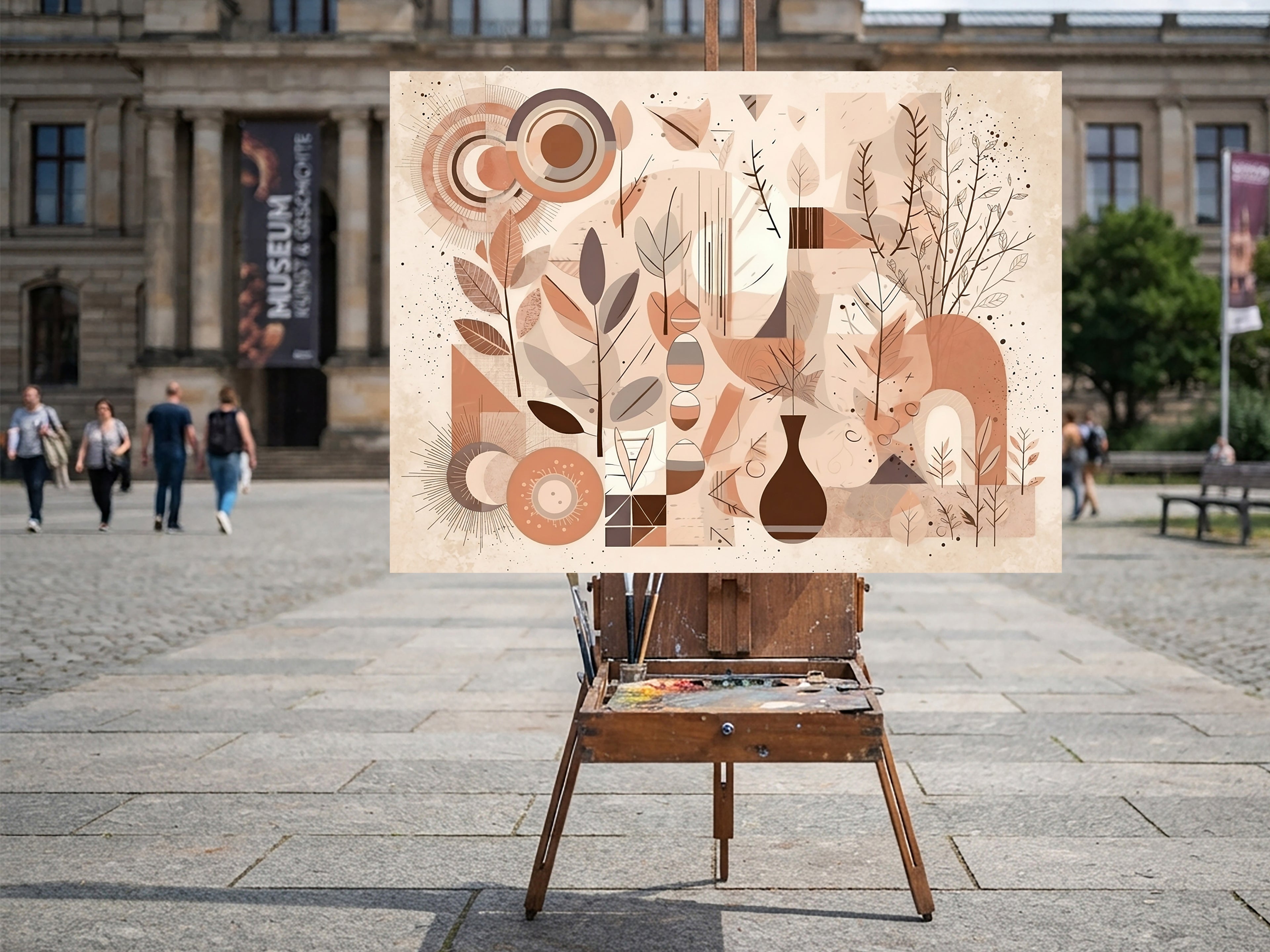 Wandbild Boho Art Abstrakt Collage Fuchs Vase Zweige Beige Rosa Illustrationsstil Kunstdruck auf Leinwand