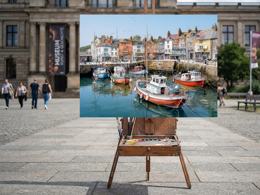 Wandbild Fischerboot Hafen Oranges Hochhaus Fünf Boote Segelmasten Fahrräder Kai Kunstdruck auf Leinwand