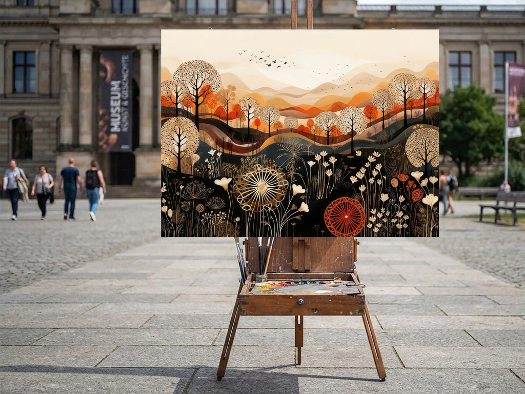 Wandbild Boho Art Herbstlandschaft Wildblumen Wellen Illustrationsstil Kunstdruck auf Leinwand