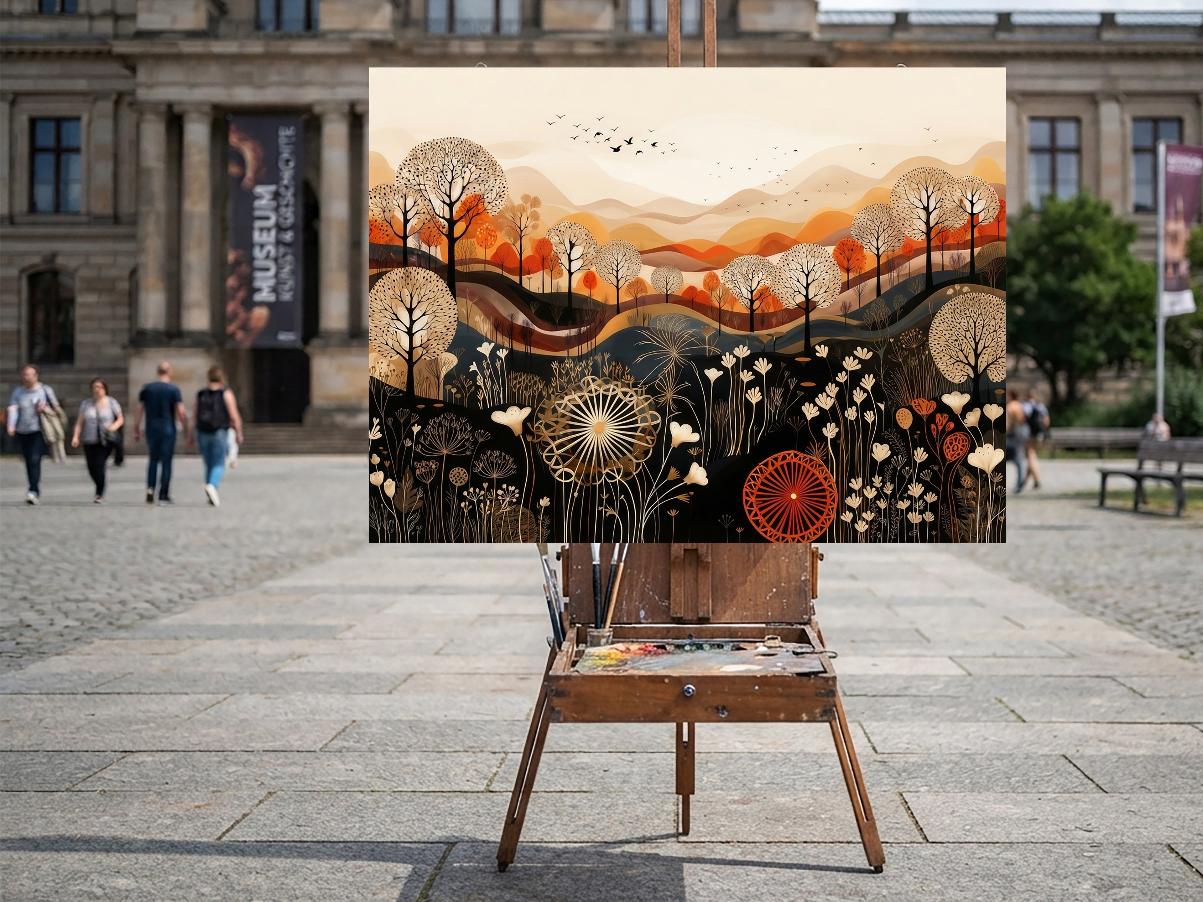 Wandbild Boho Art Herbstlandschaft Wildblumen Wellen Illustrationsstil Kunstdruck auf Leinwand