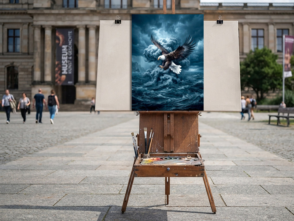 Wandbild Adler Seitenflug Sturmwolke Hochsee Brandung Blaue Stimmung Kunstdruck auf Leinwand
