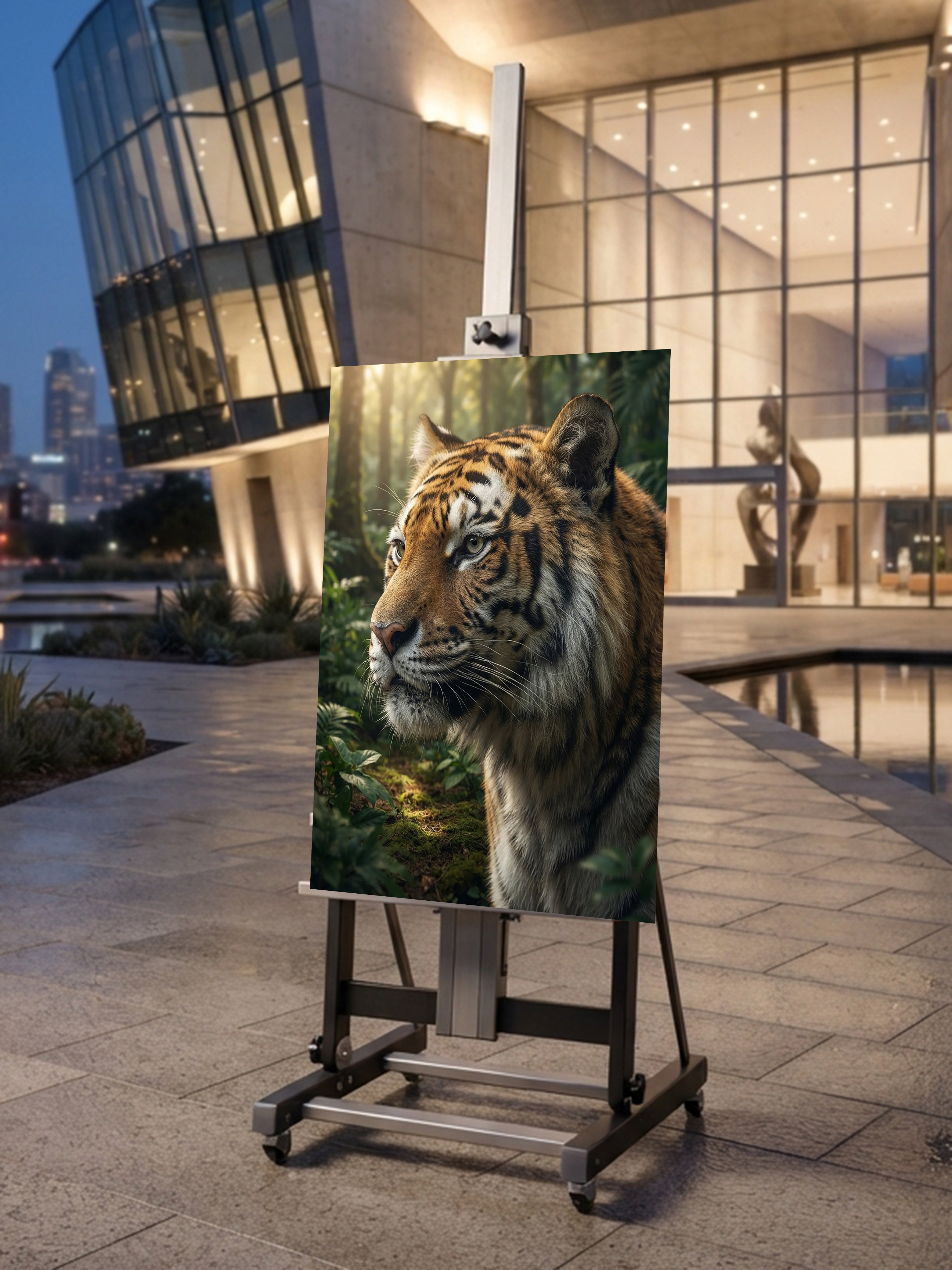 Wandbild Tiger Nahaufnahme Seitenprofil Seitenblick Dschungel Sonnenlicht Kunstdruck auf Leinwand
