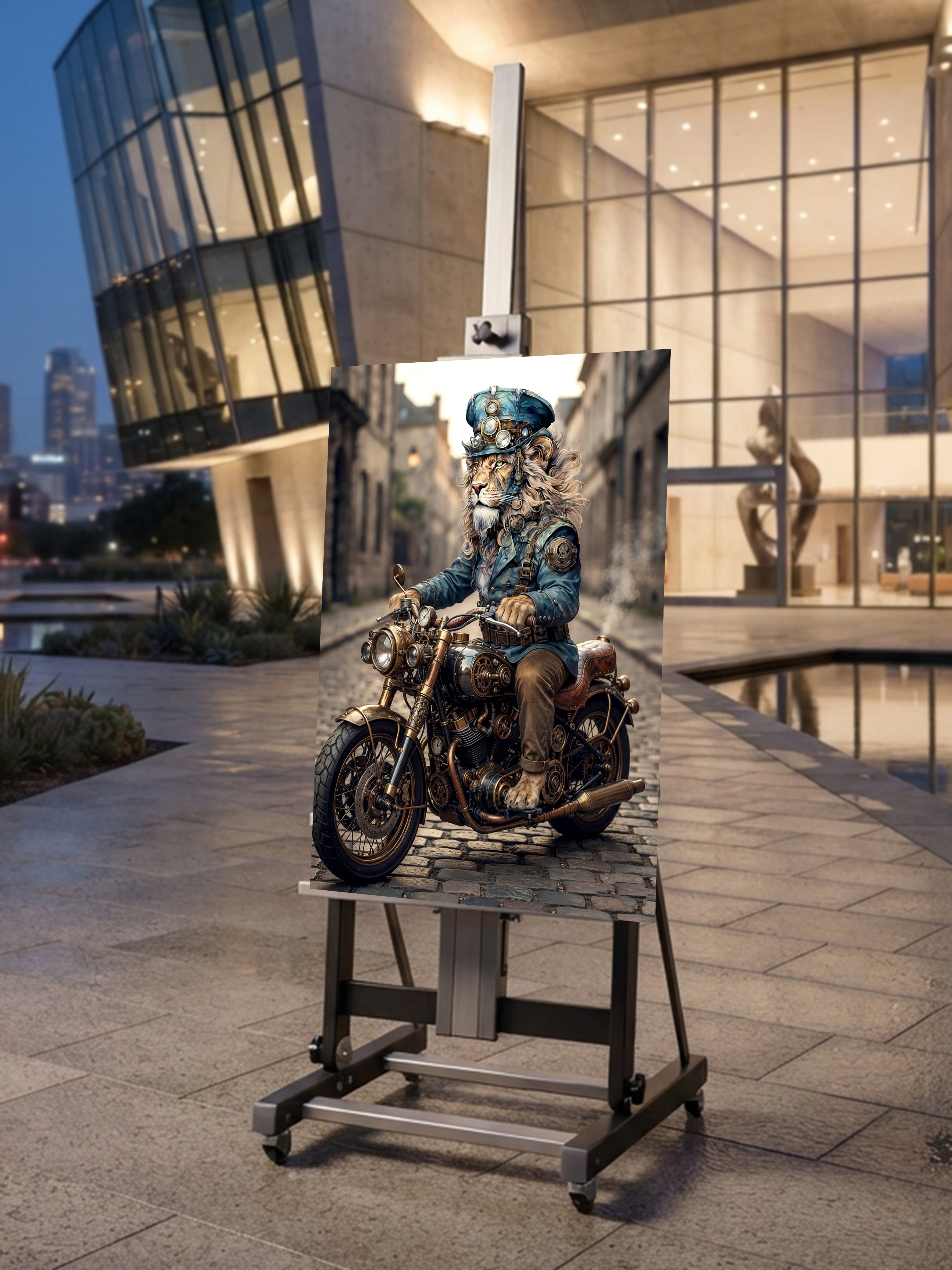 Wandbild Löwen Steampunk Motorrad Kunstdruck auf Leinwand