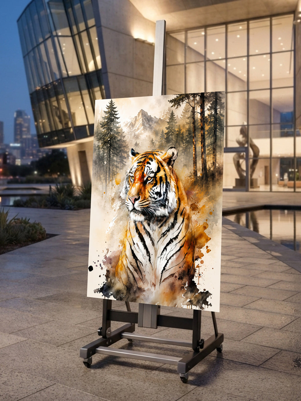 Wandbild Tiger Aquarell Nadelwald Bergkulisse Nr. 1 Kunstdruck auf Leinwand