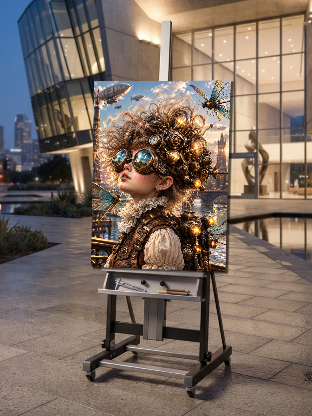 Steampunk Himmelsforscherin – Fantasie Wandbild fürs Kinderzimmer