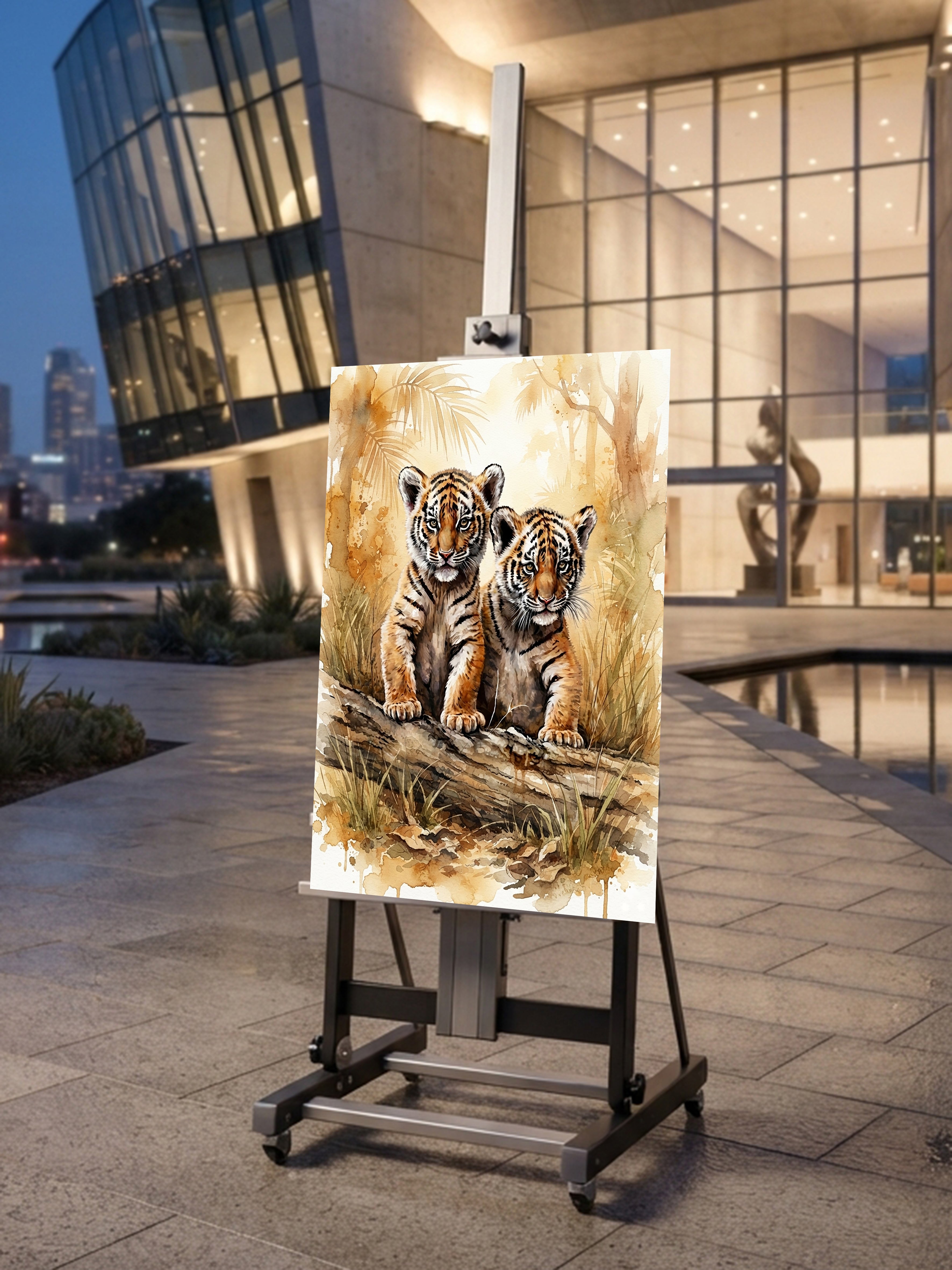Wandbild Tiger Zwei Junge Baumstamm Aquarell Kunstdruck auf Leinwand