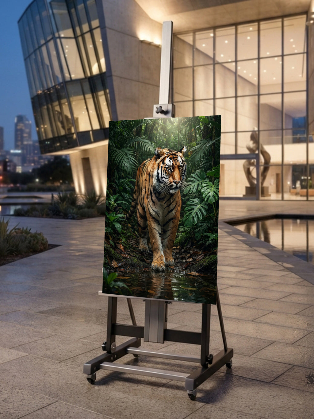 Wandbild Tiger Regenwald Frontal Wasserpfütze Dschungel Kunstdruck auf Leinwand