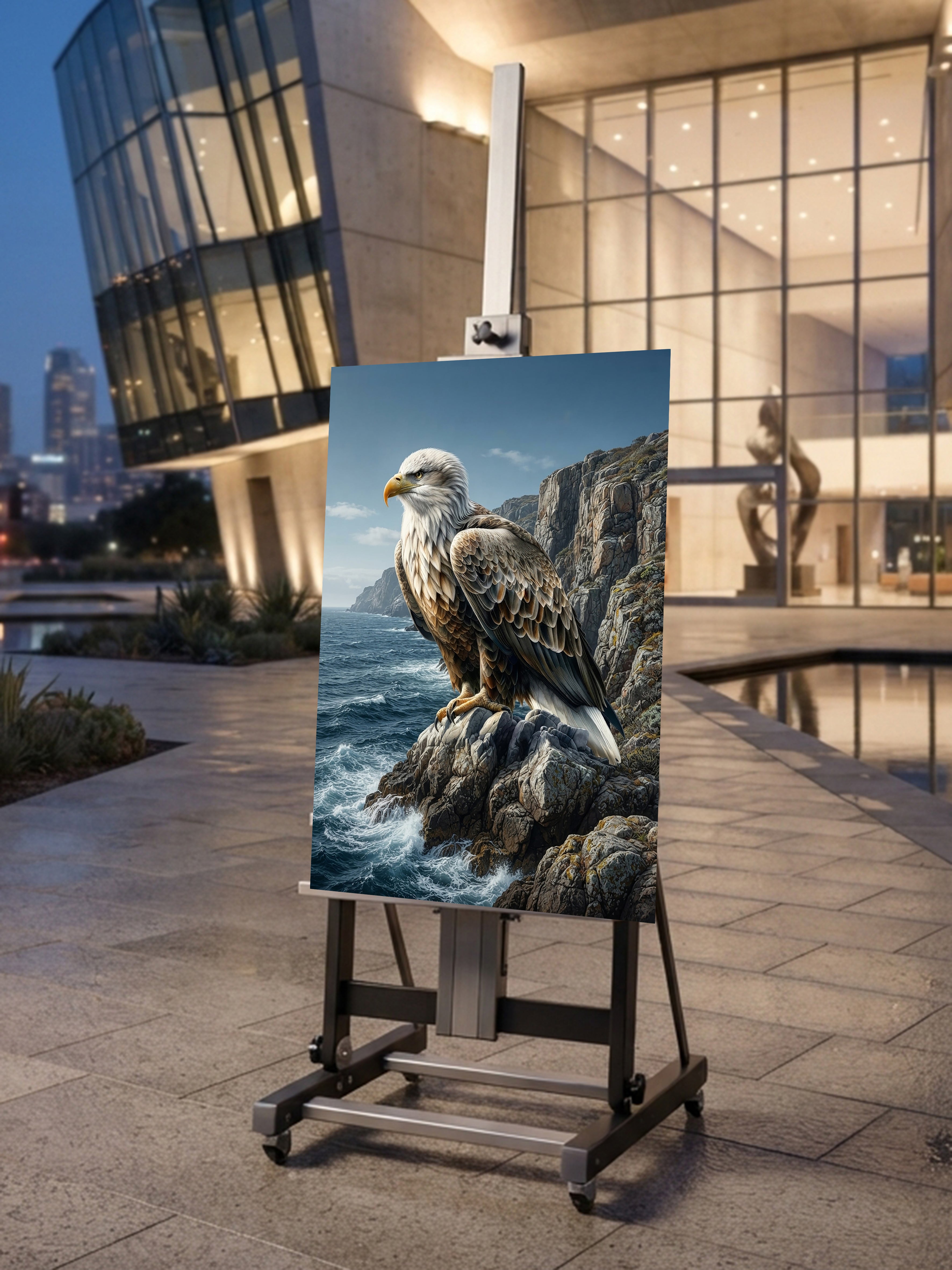 Wandbild Adler Sitzend Steilküste Klippen Meer Illustrationsstil Kunstdruck auf Leinwand