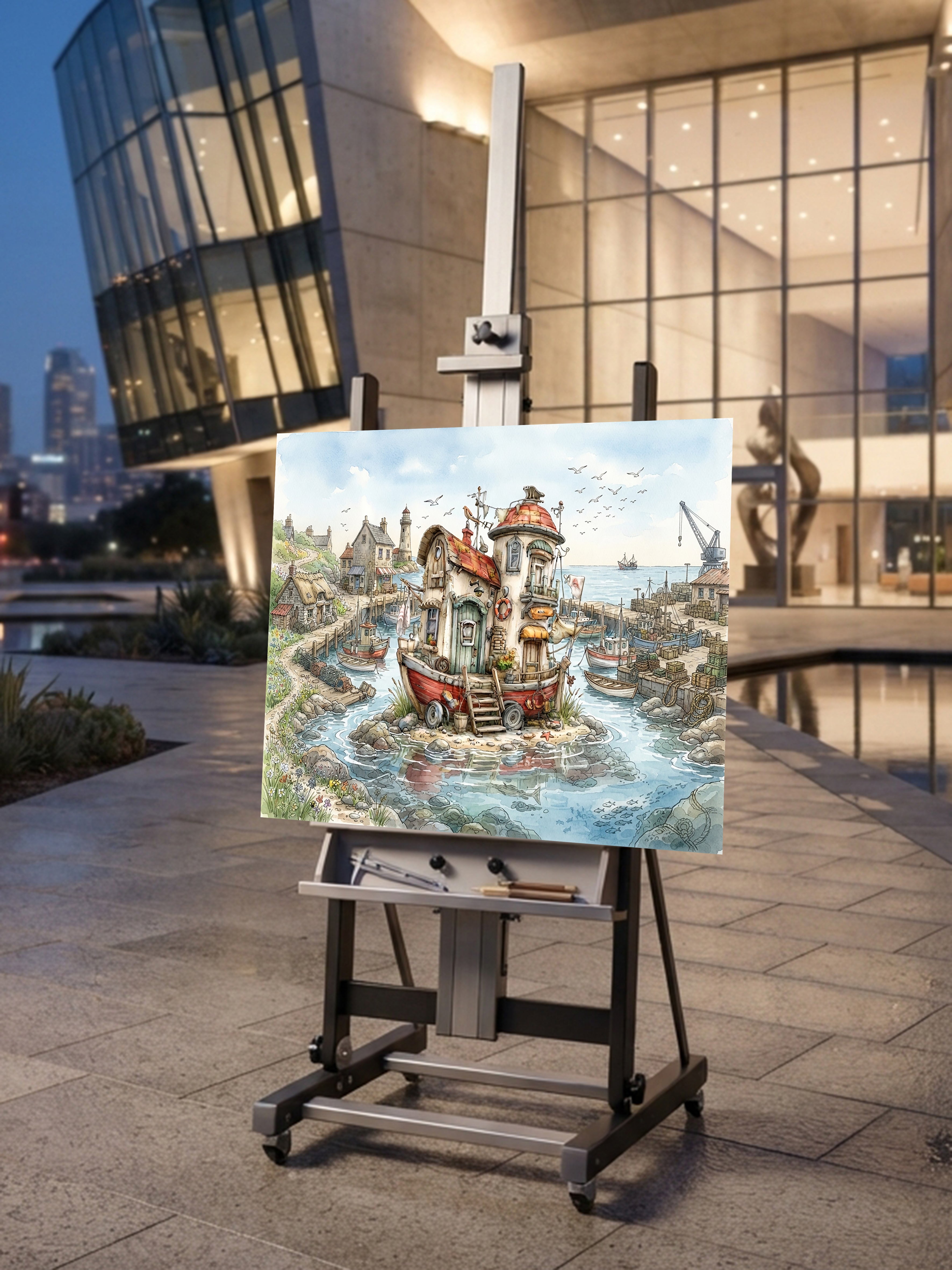 Wandbild Hausboot Karikatur 3 Kunstdruck auf Leinwand