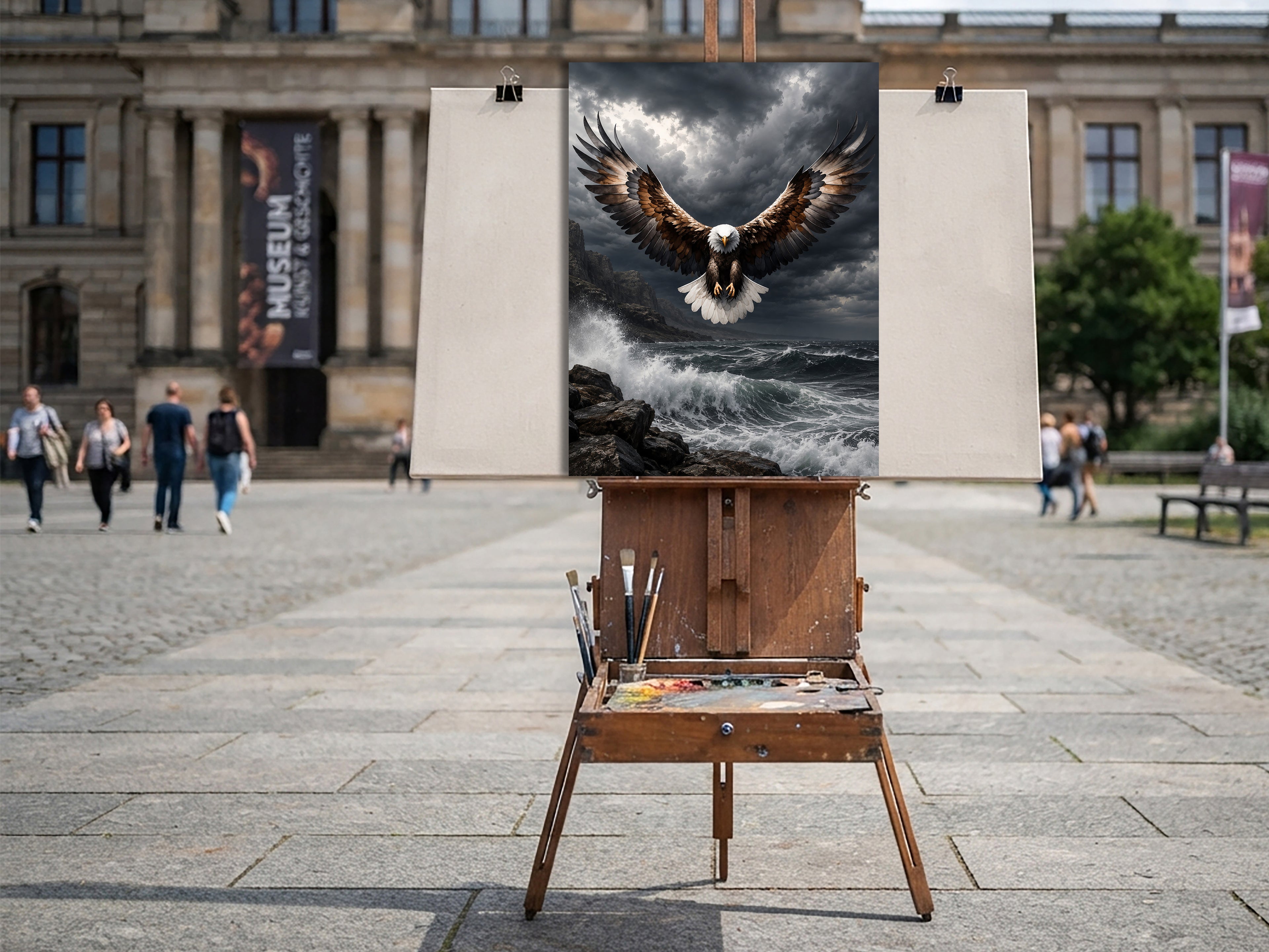 Wandbild Adler Frontalflug Sturmküste Felsen Brandung Kunstdruck auf Leinwand
