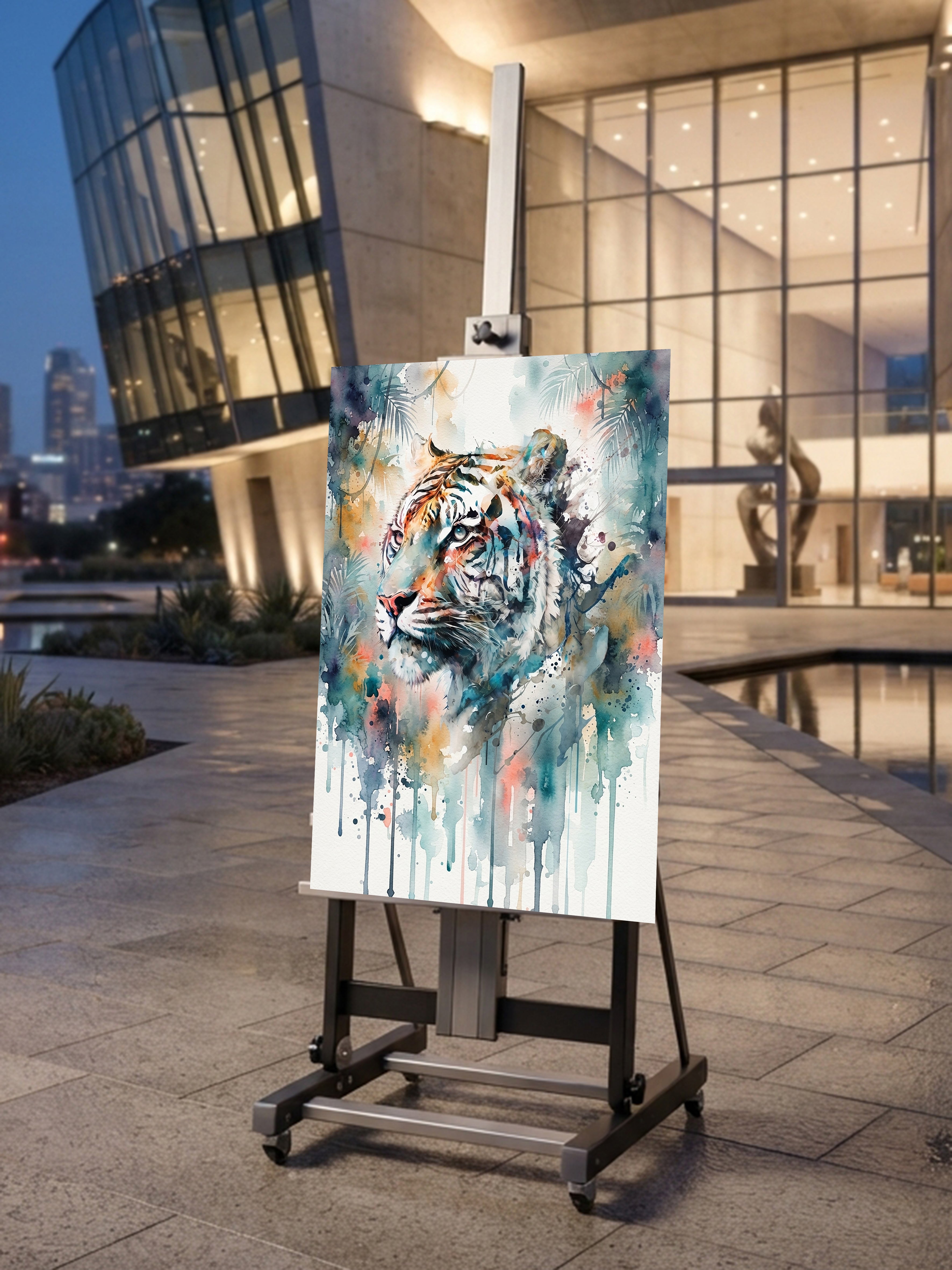 Wandbild Tiger Weißer Tiger Aquarell Farbspritzer Dschungel Kunstdruck auf Leinwand