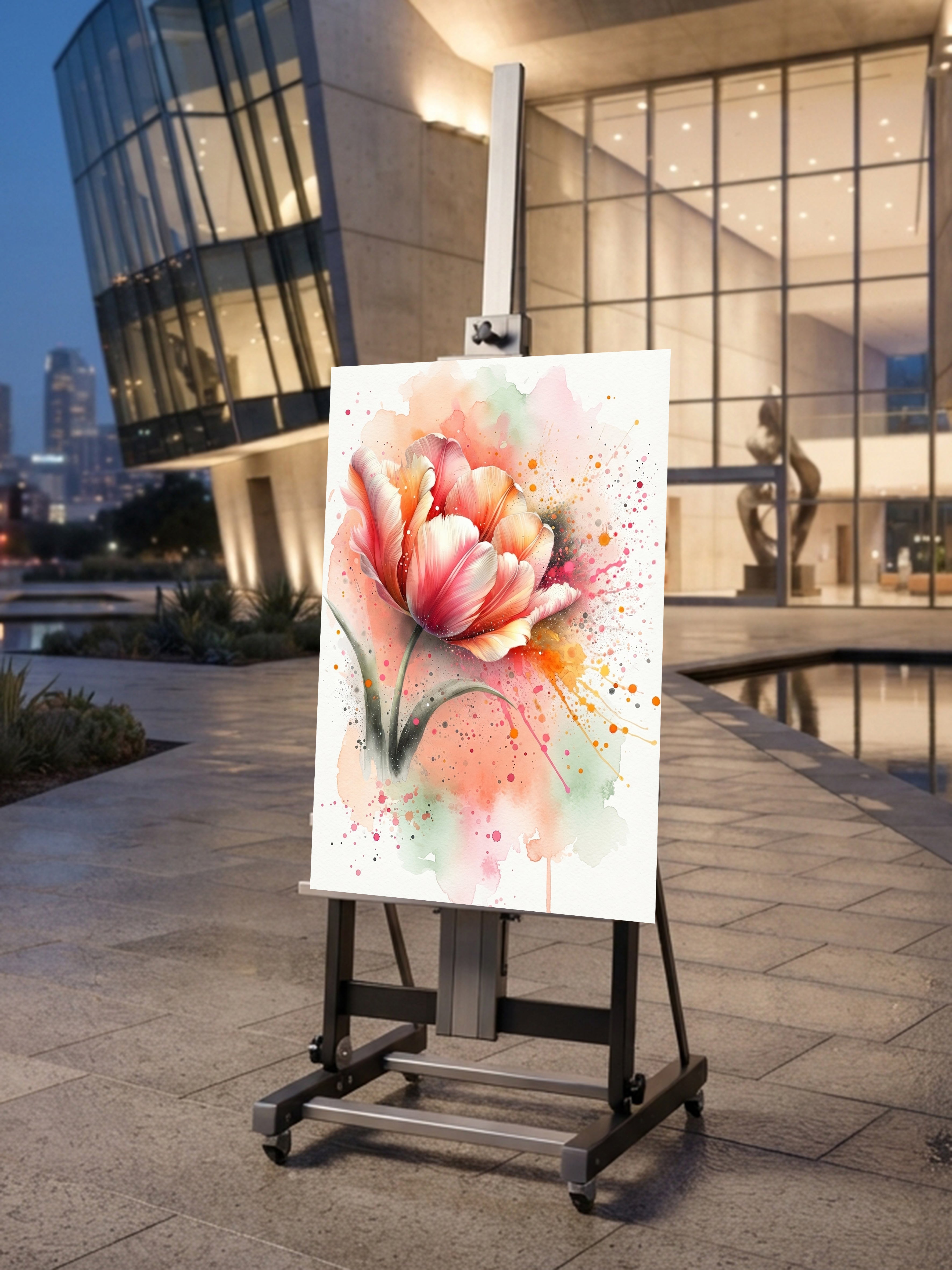 Wandbild Tulpe Aquarell Lachs Orange Rosa Farbspritzer Frühlingsblüte Kunstdruck auf Leinwand