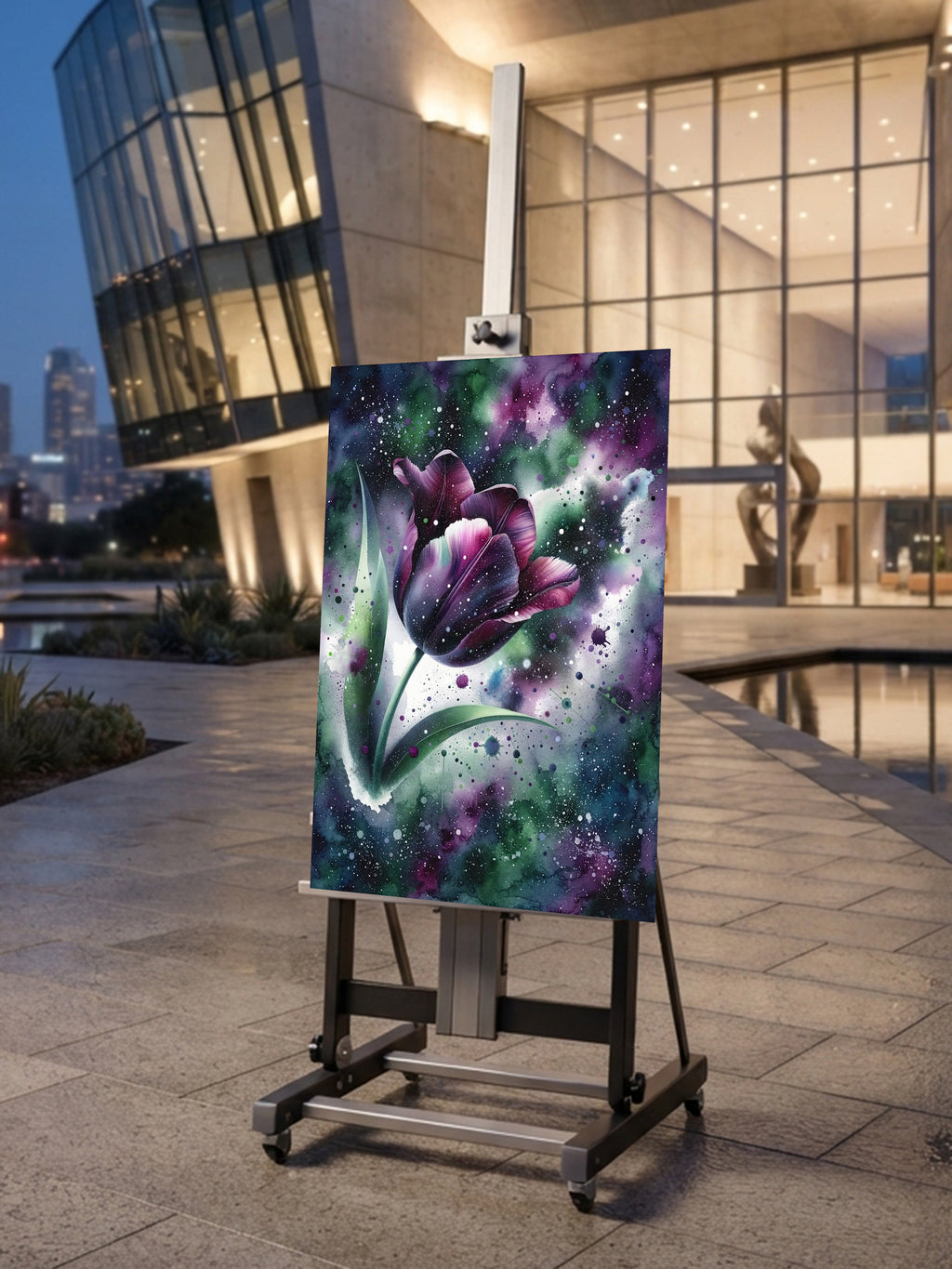 Wandbild Tulpe Aquarell Dunkelviolett Galaxie Grün Sternennebel Kunstdruck auf Leinwand