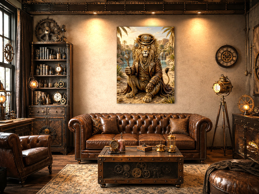 Wandbild Löwen Steampunk Oase Kunstdruck auf Leinwand