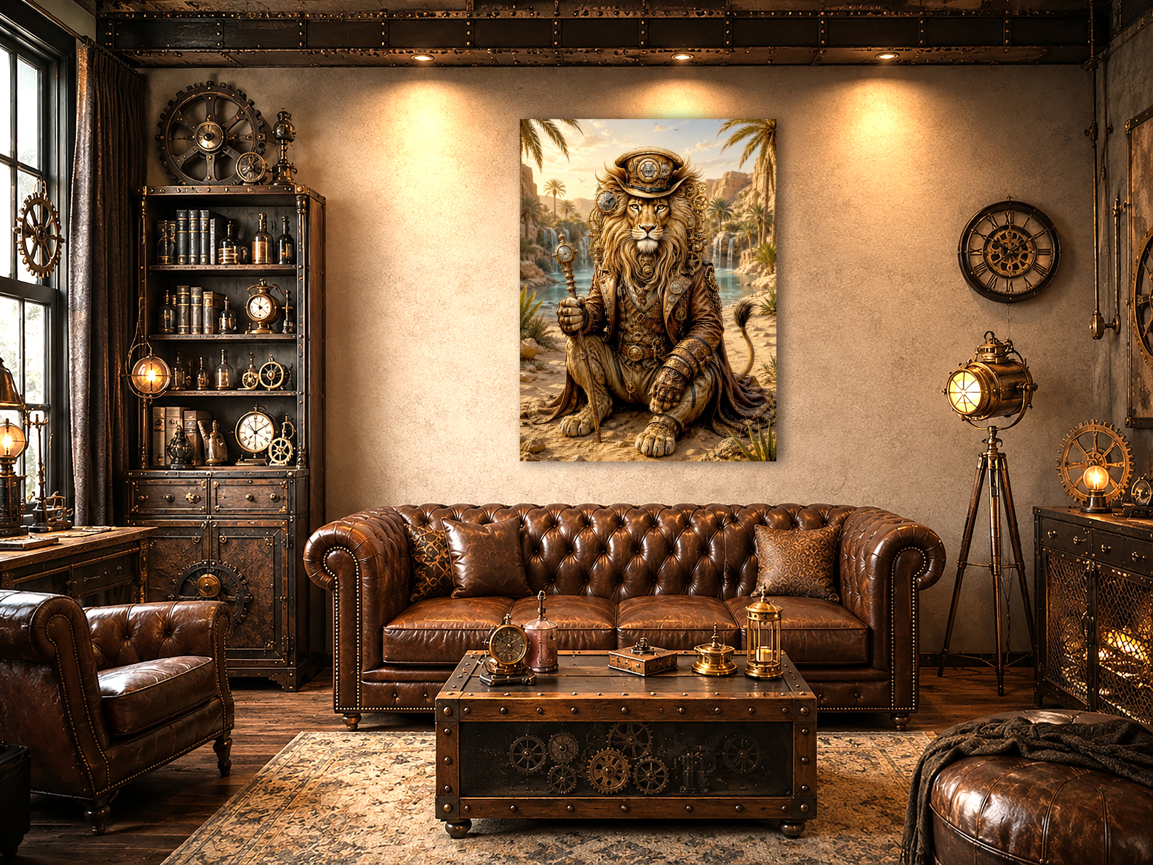 Wandbild Löwen Steampunk Oase Kunstdruck auf Leinwand