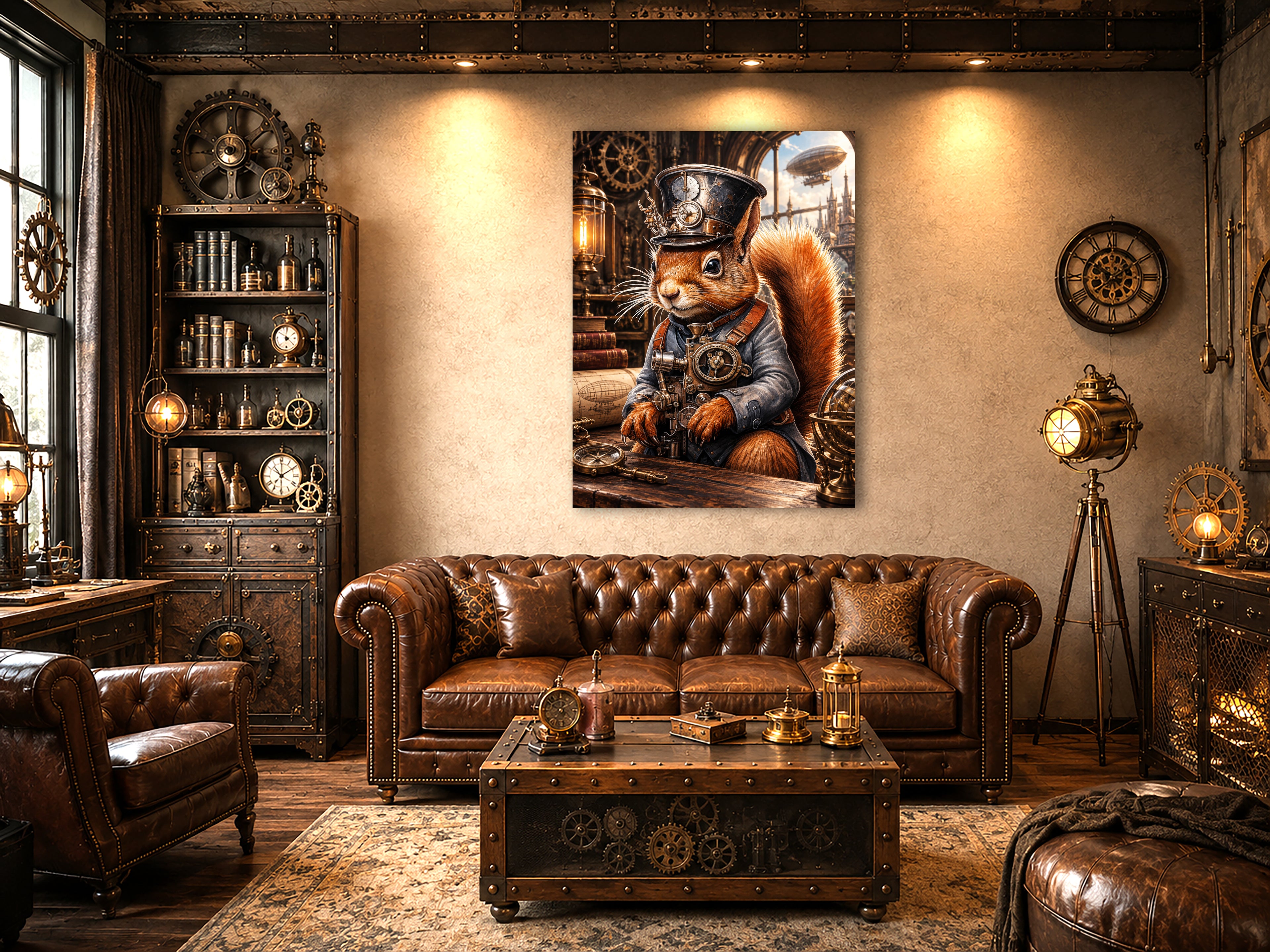 Wandbild Eichhörnchen Steampunk Abenteurer Kompass Aquarell Sepia Kunstdruck auf Leinwand