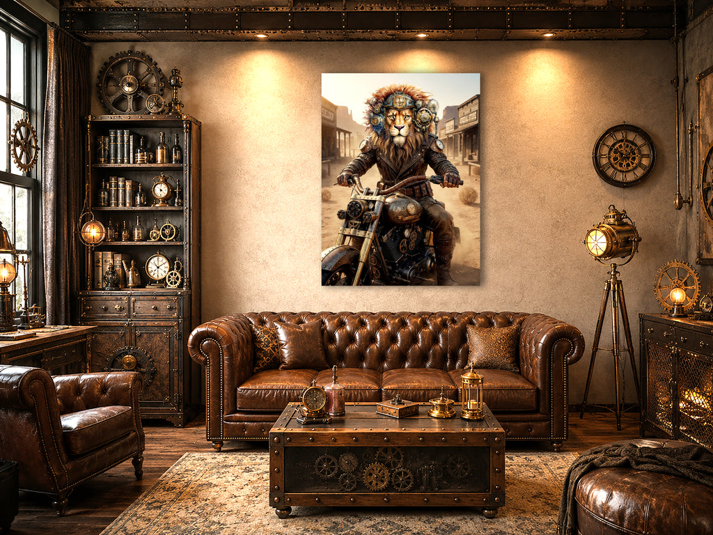 Wandbild Löwen Steampunk Motorrad Kunstdruck auf Leinwand