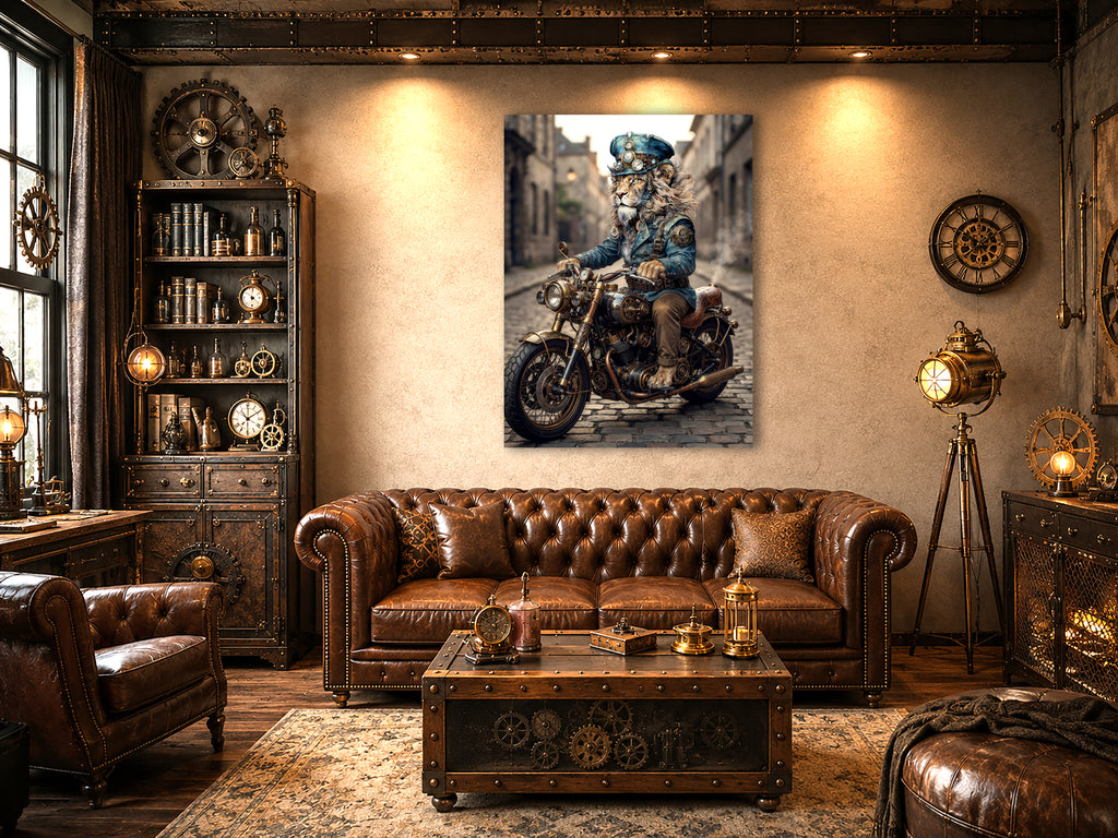 Wandbild Löwen Steampunk Motorrad Kunstdruck auf Leinwand