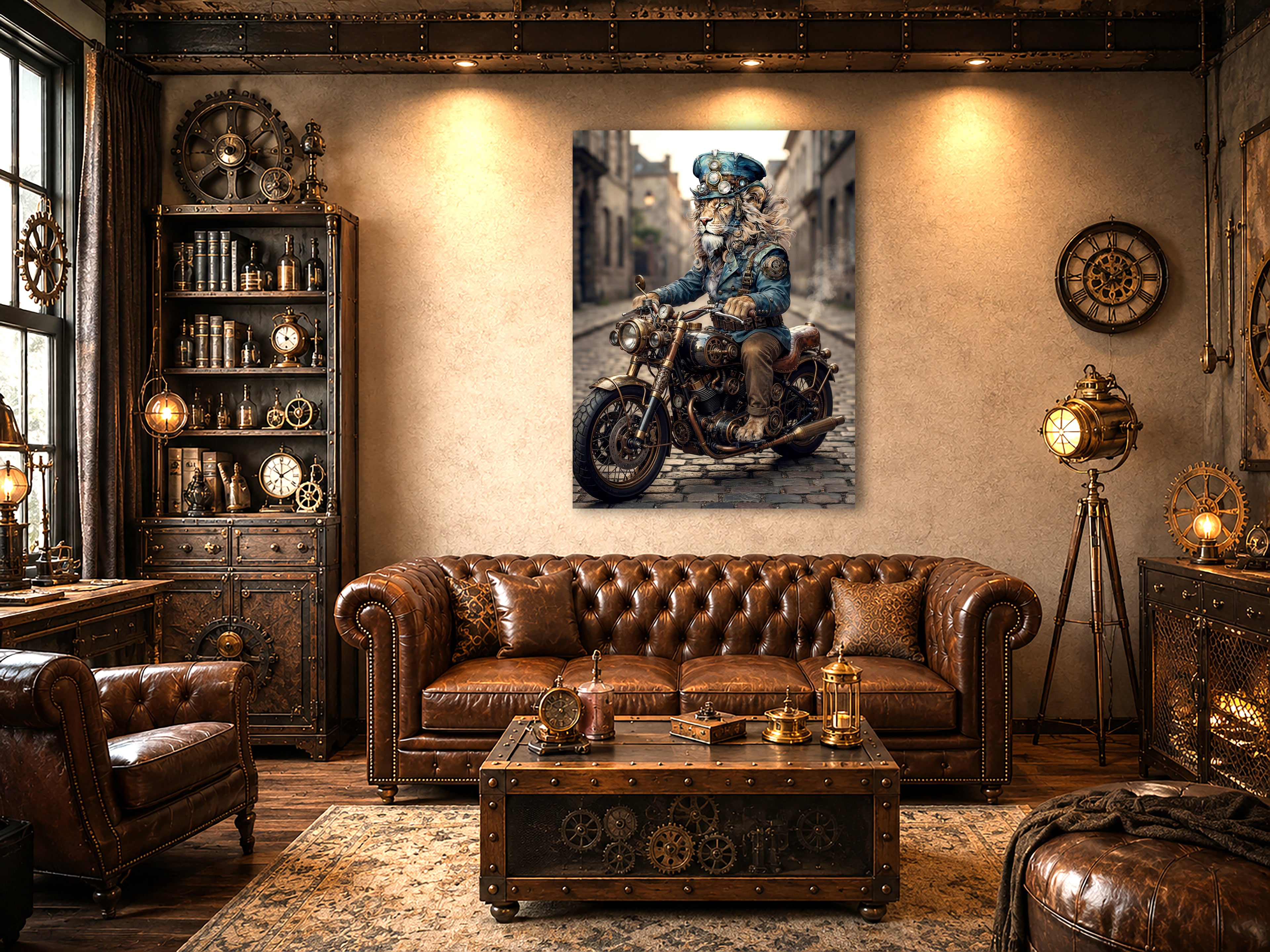 Wandbild Löwen Steampunk Motorrad Kunstdruck auf Leinwand