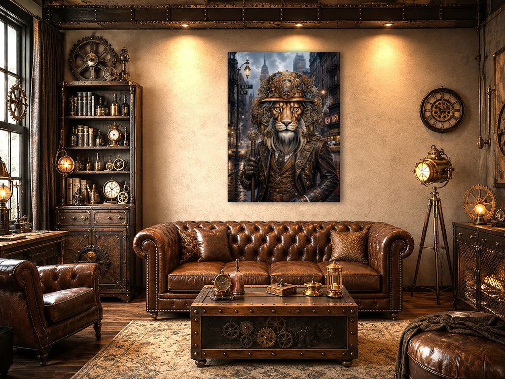 Wandbild Löwen Steampunk Bar Kunstdruck auf Leinwand