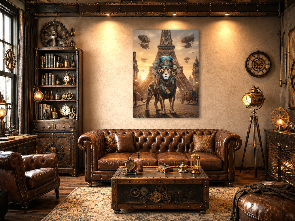 Wandbild Löwen Steampunk Paris Kunstdruck auf Leinwand