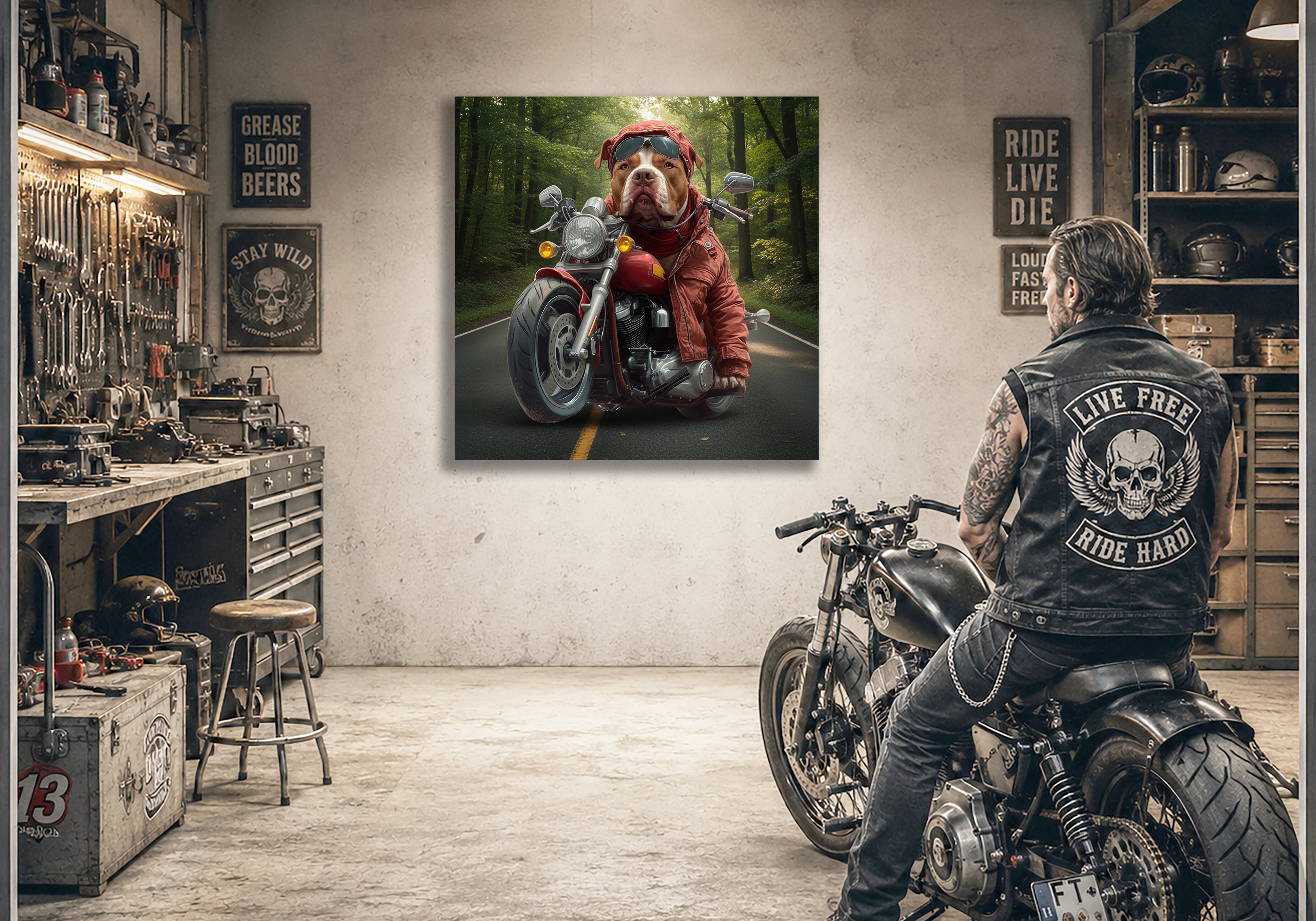 Wandbild Hunde auf Motorrad 1 Kunstdruck auf Leinwand