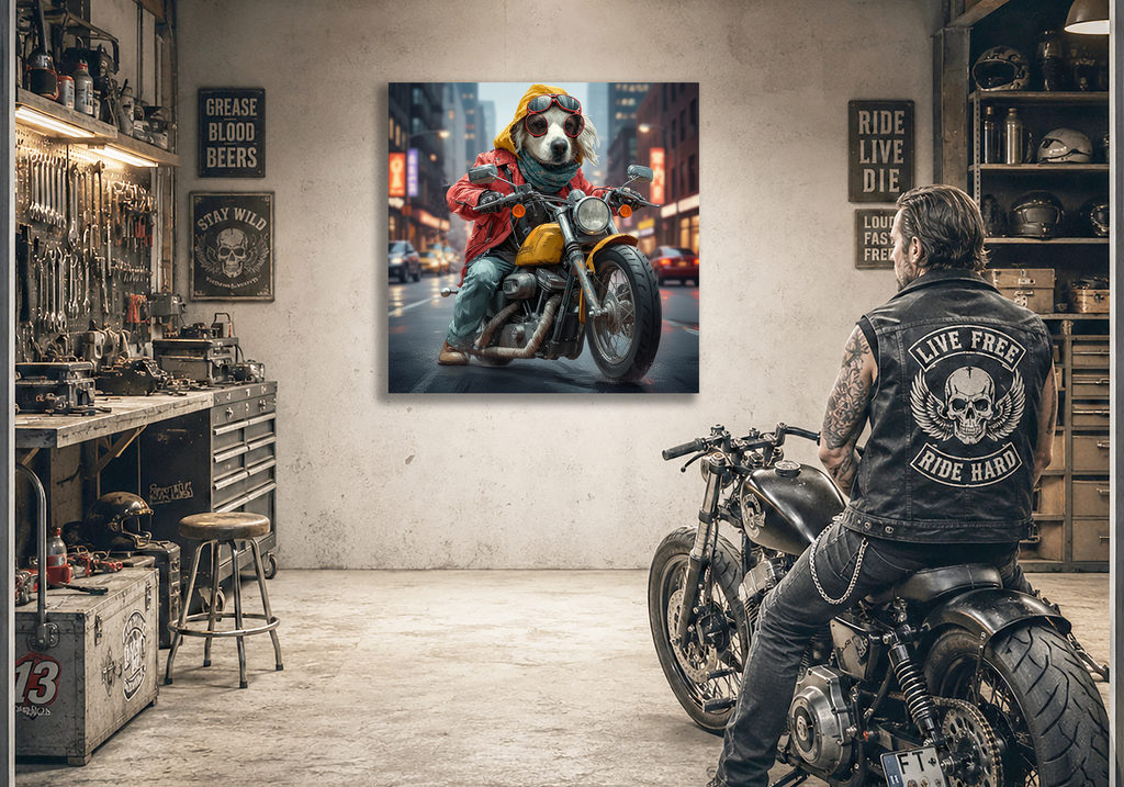 Wandbild Hunde auf Motorrad 2 Kunstdruck auf Leinwand