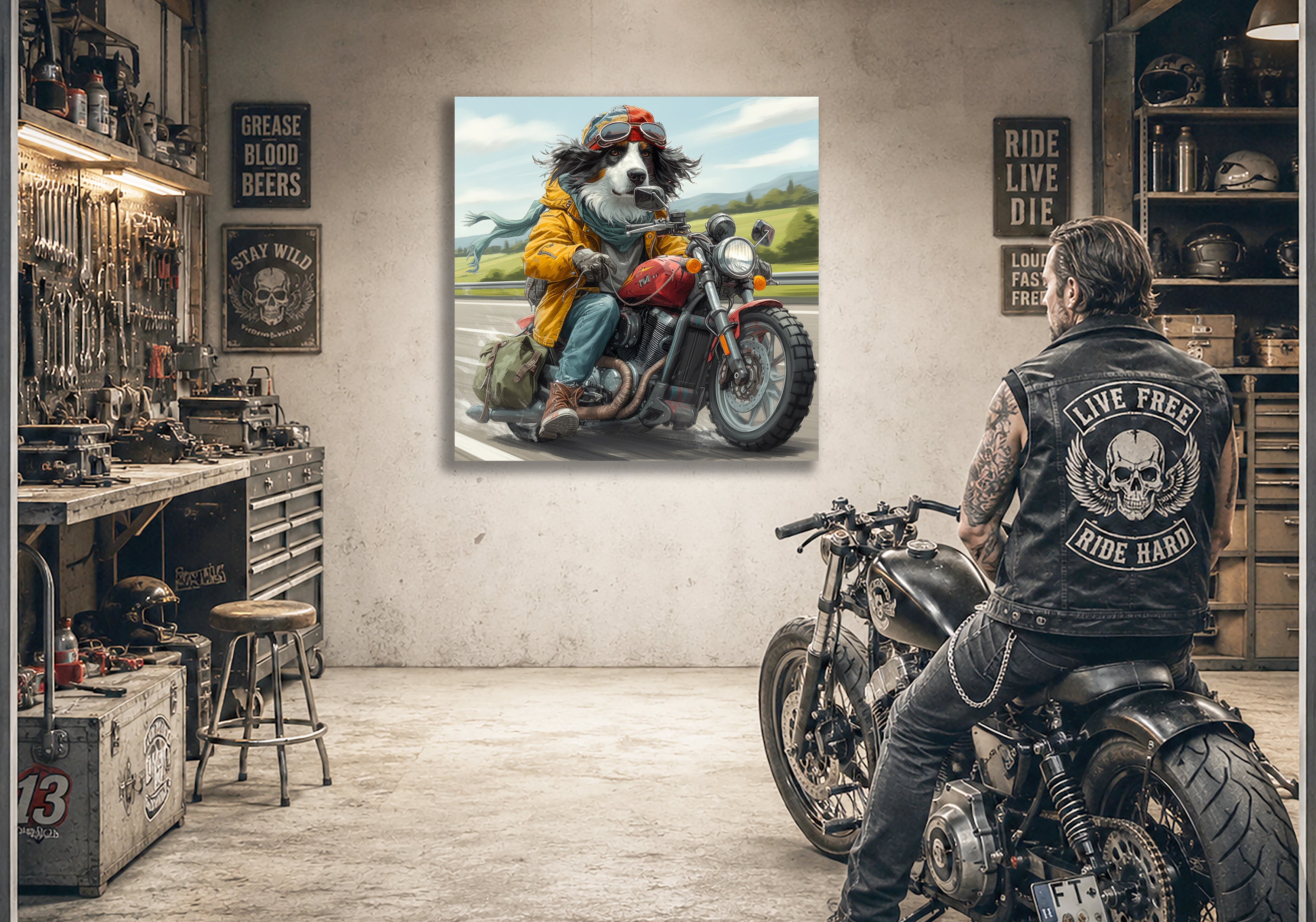 Wandbild Hunde auf Motorrad 6 Kunstdruck auf Leinwand