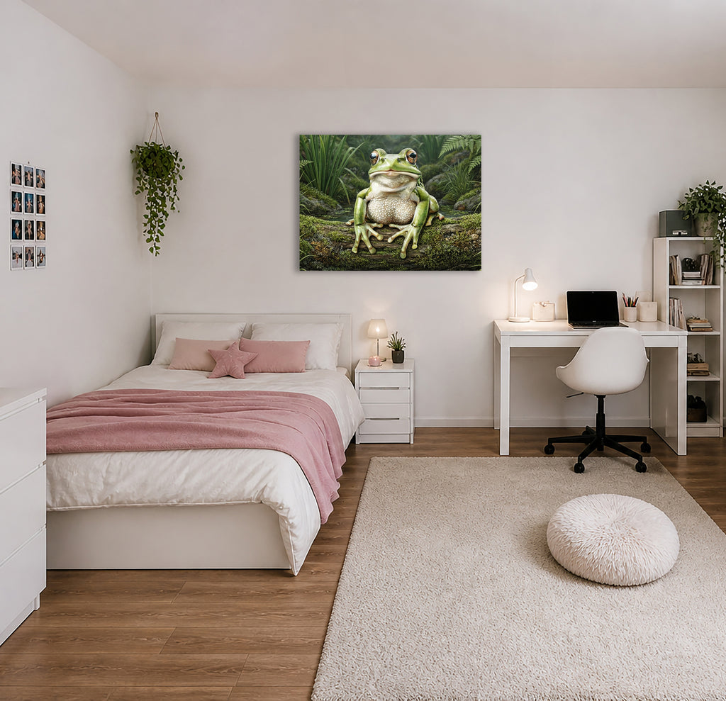 Wandbild Frosch Hellgrün Moosiger Ast Schilf Teich Kunstdruck auf Leinwand