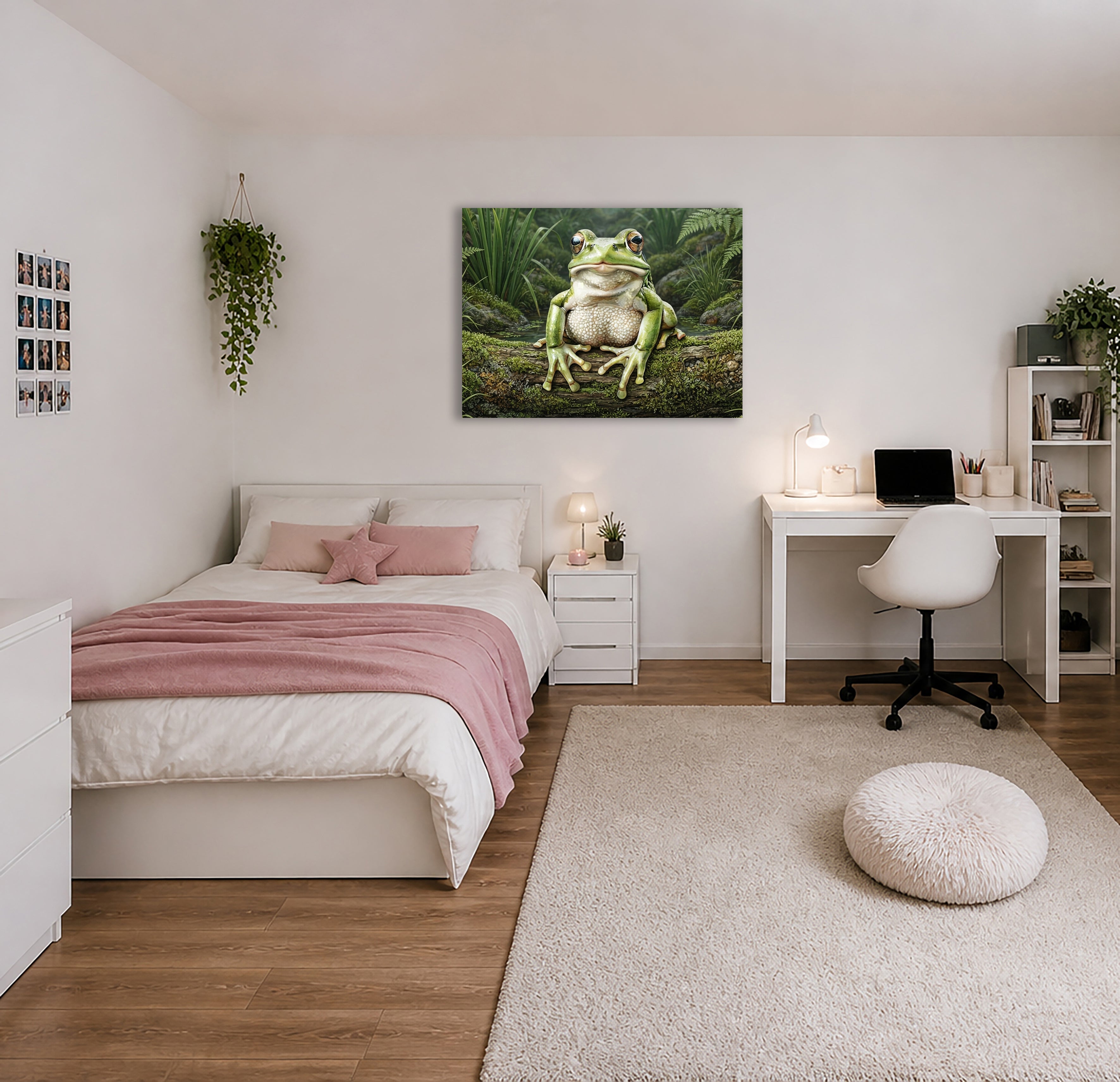 Wandbild Frosch Hellgrün Moosiger Ast Schilf Teich Kunstdruck auf Leinwand